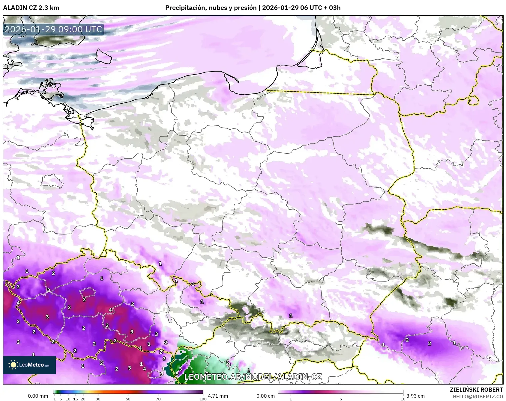 ALADIN CZ 2.3 km model - Polonia, Precipitación, nubes y presión