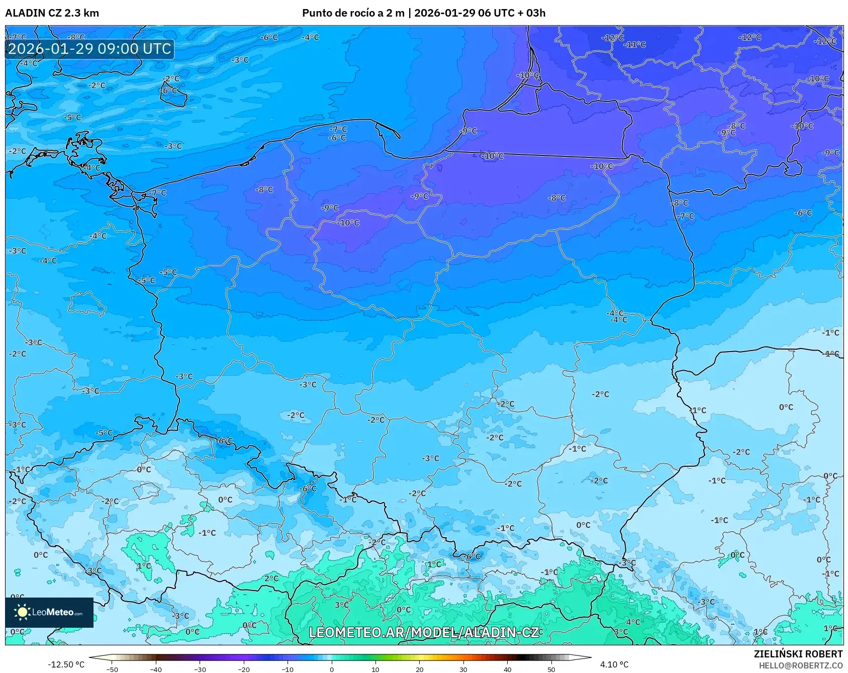ALADIN CZ 2.3 km model - Polonia, Punto de rocío a 2 m