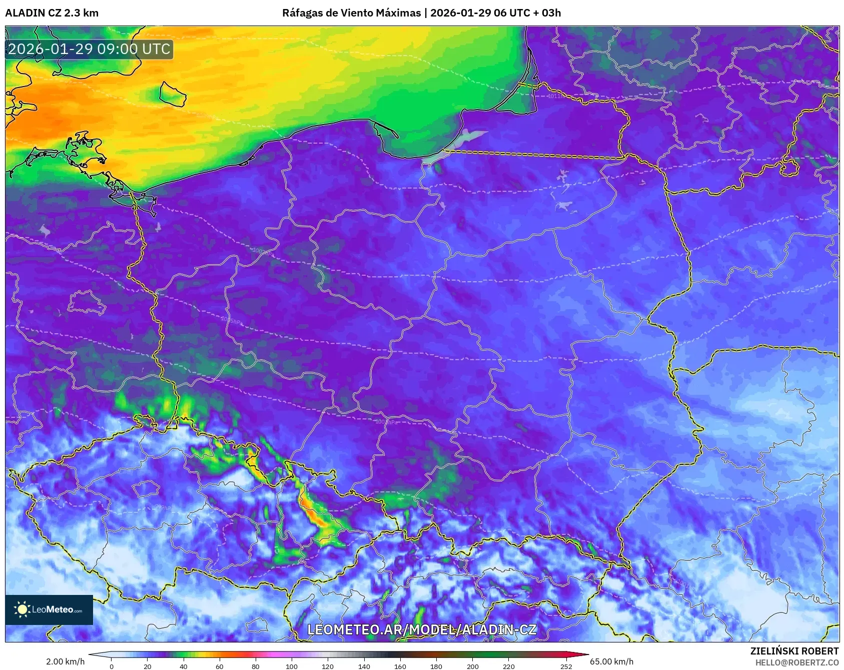 ALADIN CZ 2.3 km model - Polonia, Ráfagas de Viento Máximas
