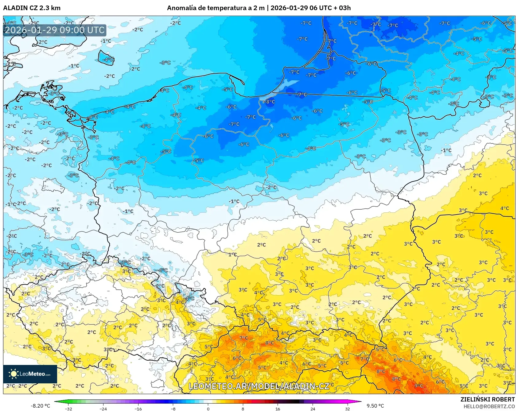 ALADIN CZ 2.3 km model - Polonia, Anomalía de temperatura a 2 m