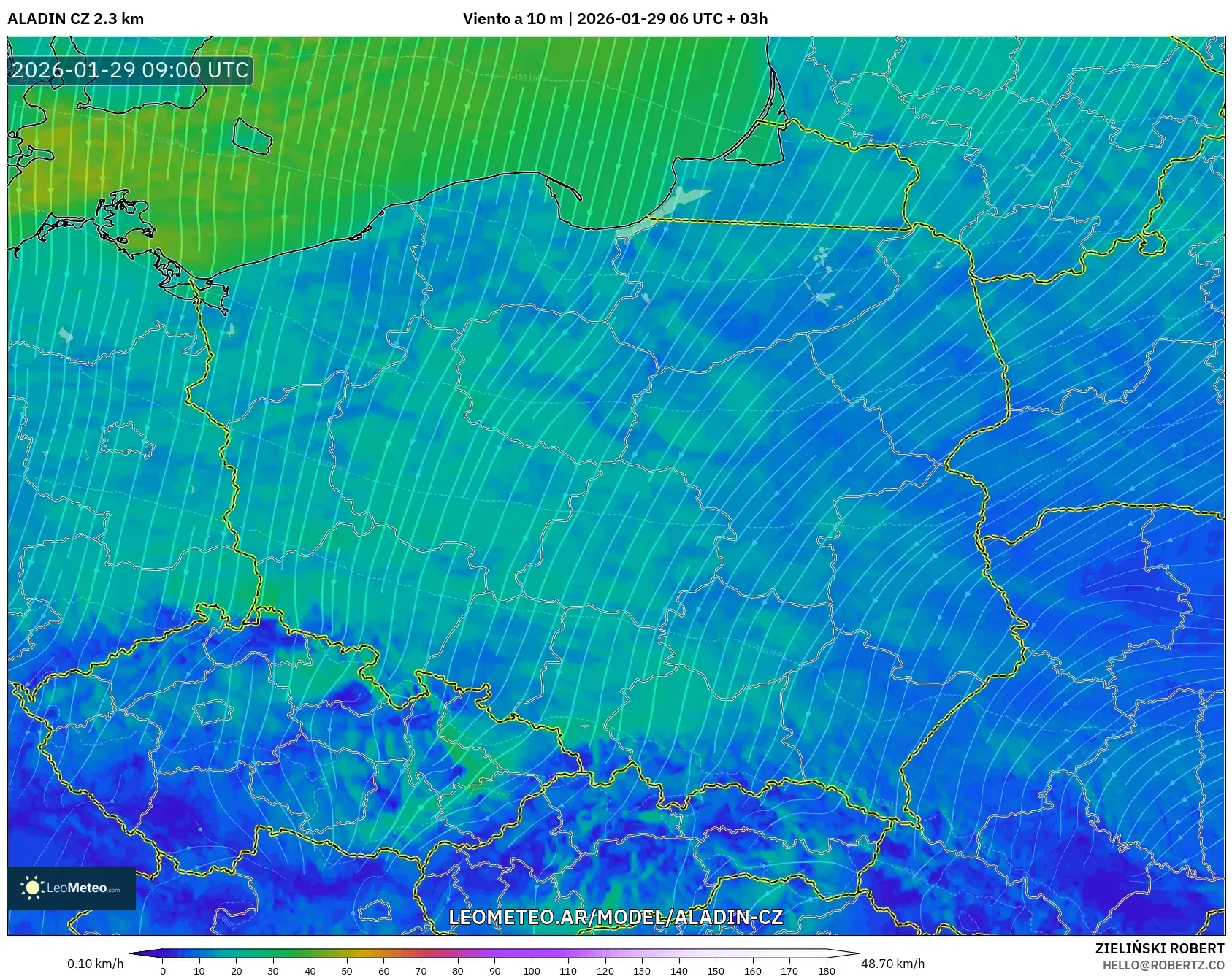 ALADIN CZ 2.3 km model - Polonia, Viento a 10 m