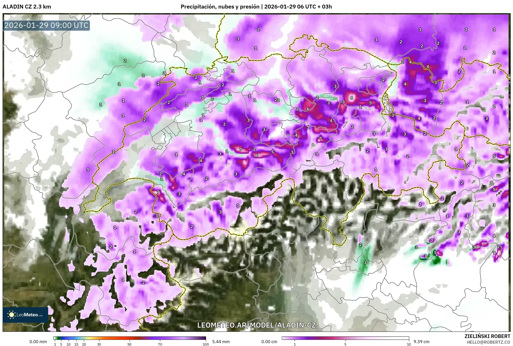 ALADIN CZ 2.3 km model - Suiza, Precipitación, nubes y presión