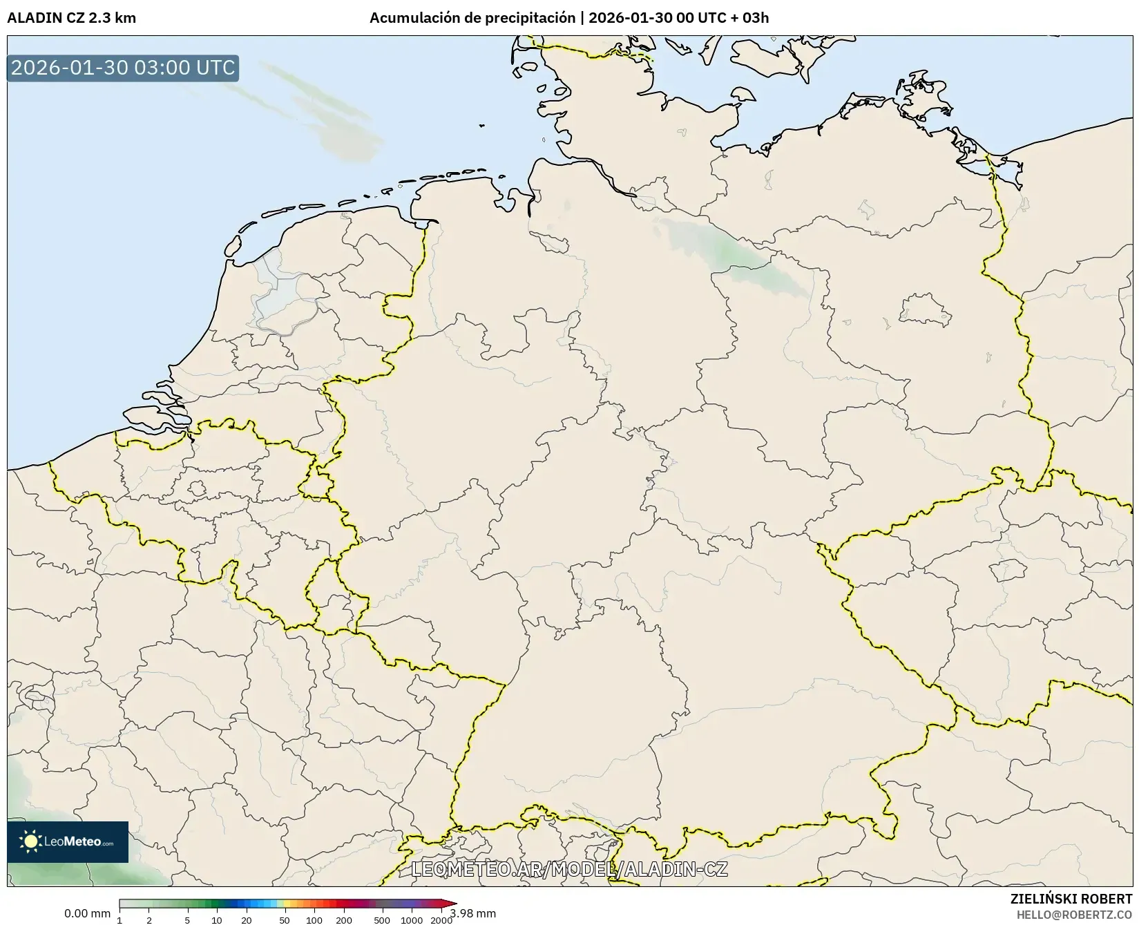 ALADIN CZ 2.3 km model - Alemania, Acumulación de precipitación
