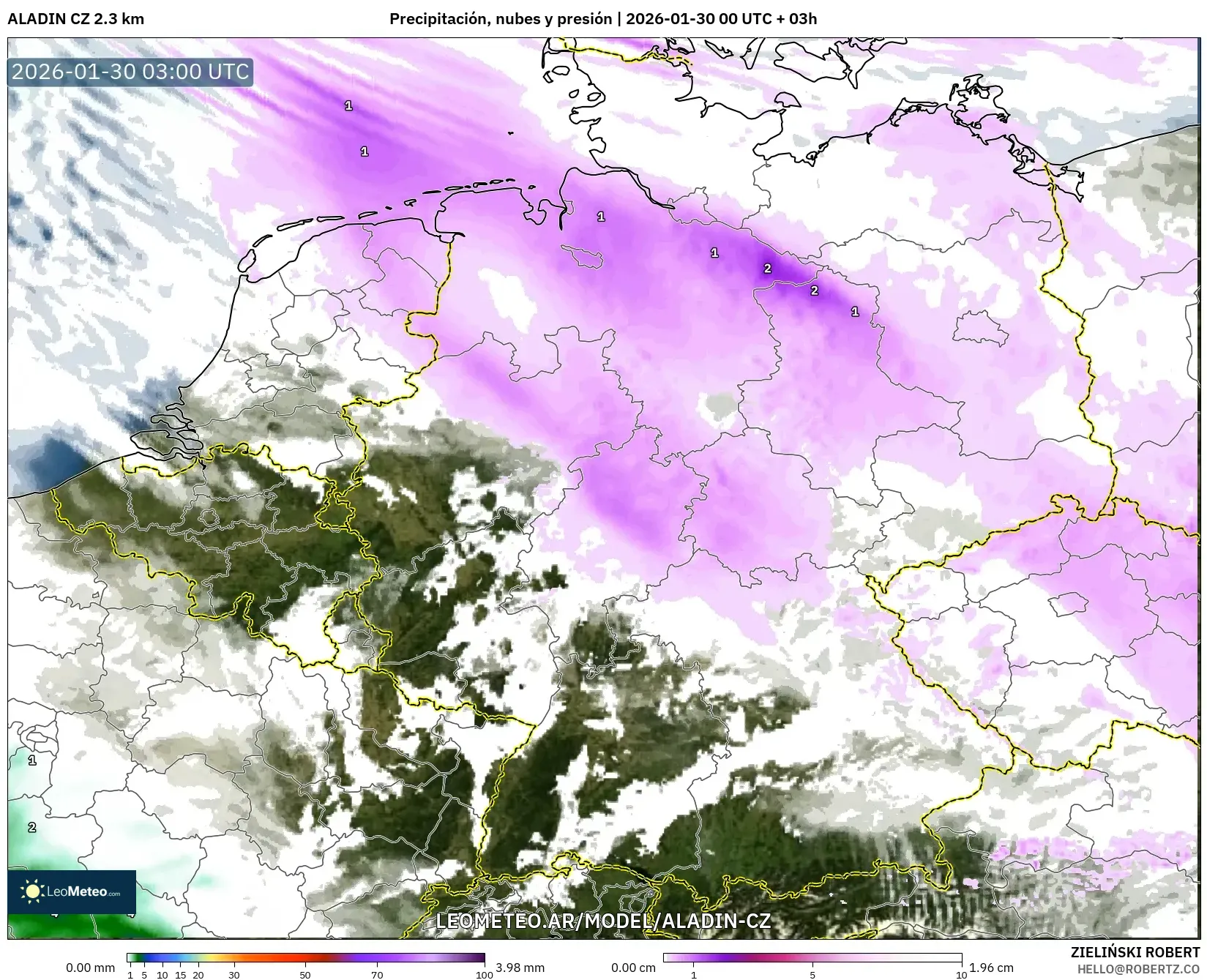 ALADIN CZ 2.3 km model - Alemania, Precipitación, nubes y presión