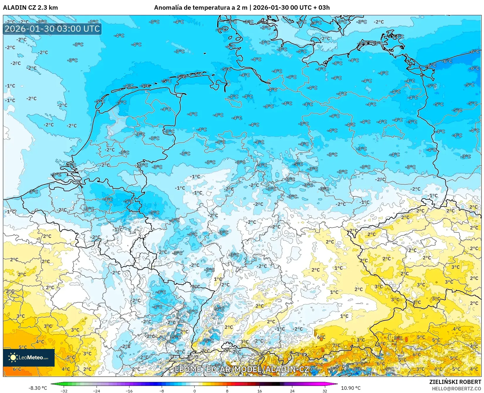 ALADIN CZ 2.3 km model - Alemania, Anomalía de temperatura a 2 m