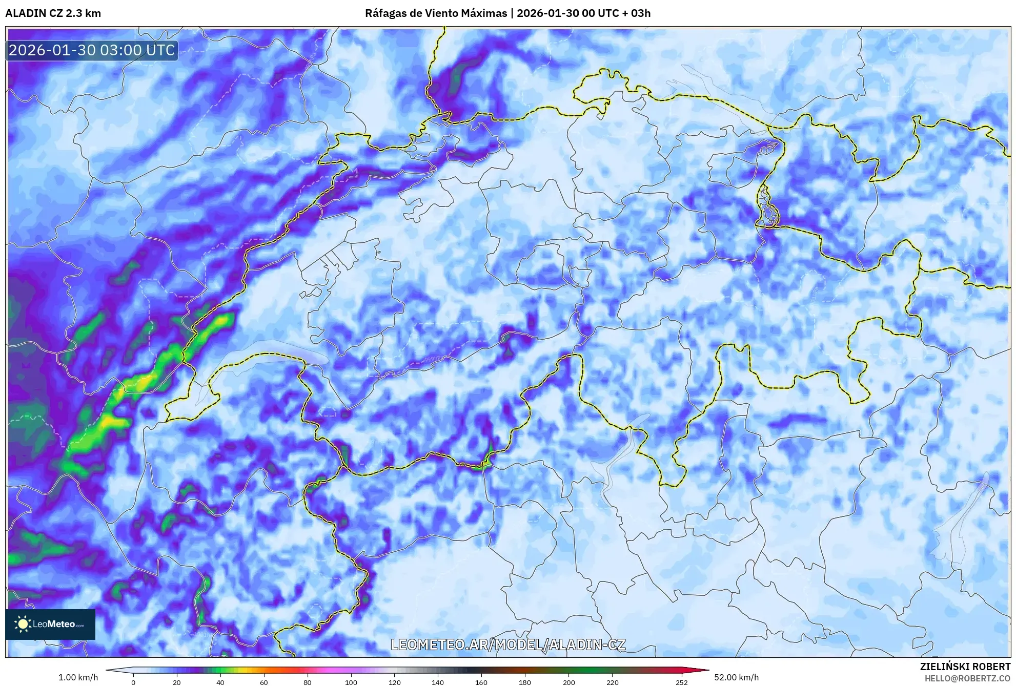 ALADIN CZ 2.3 km model - Suiza, Ráfagas de Viento Máximas