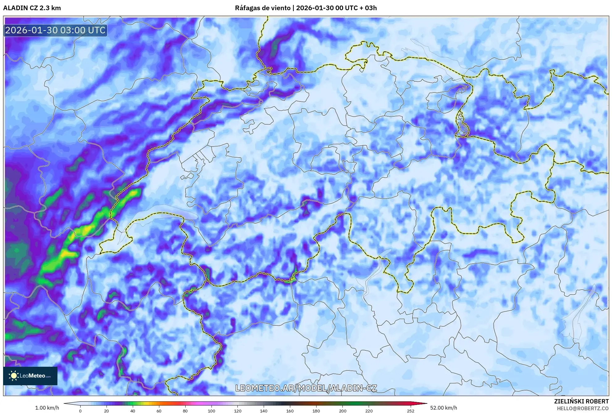 ALADIN CZ 2.3 km model - Suiza, Ráfagas de viento
