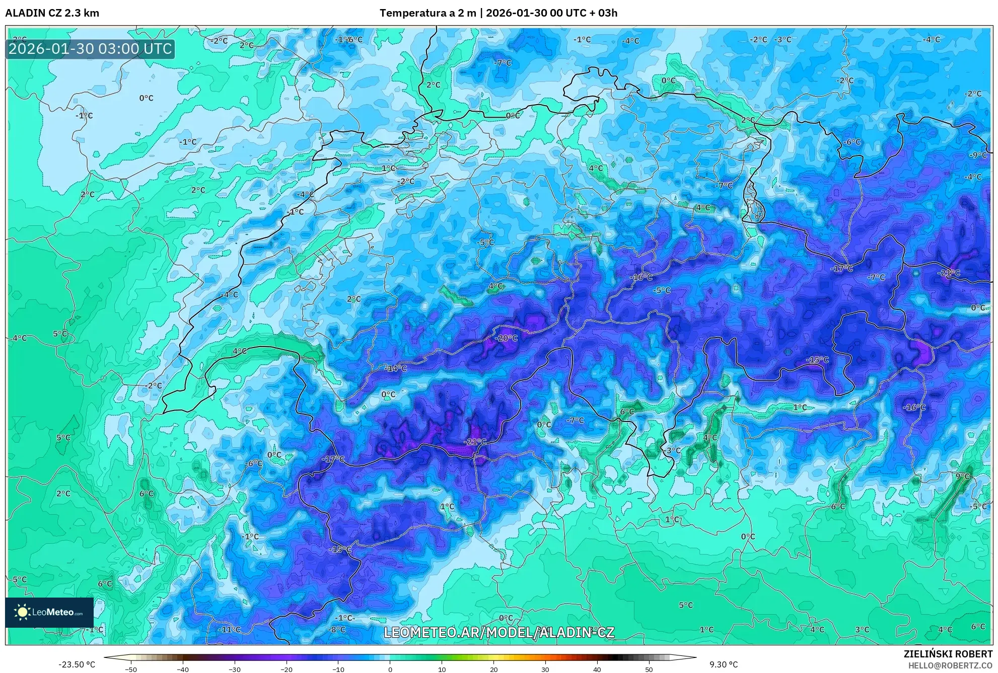 ALADIN CZ 2.3 km model - Suiza, Temperatura a 2 m