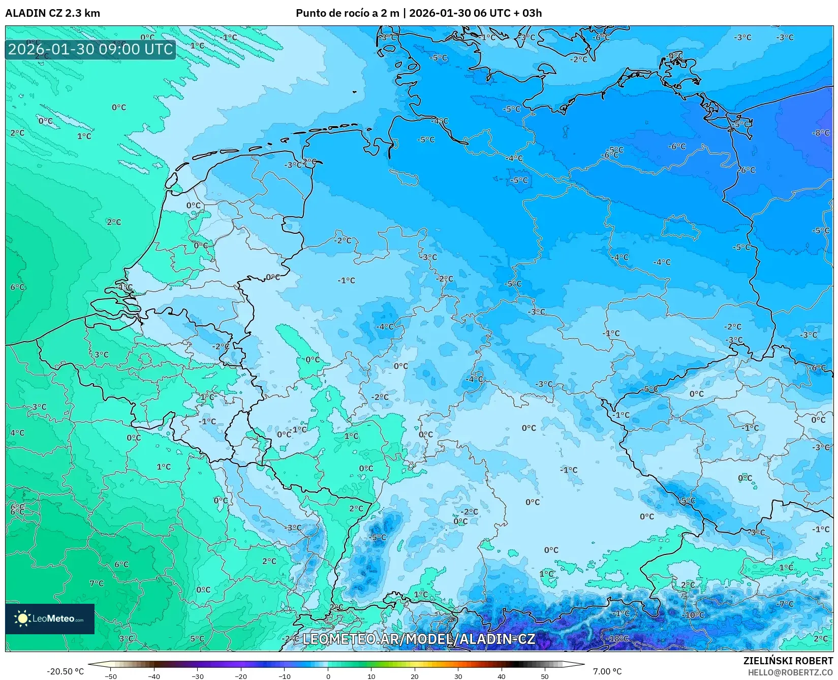 ALADIN CZ 2.3 km model - Alemania, Punto de rocío a 2 m
