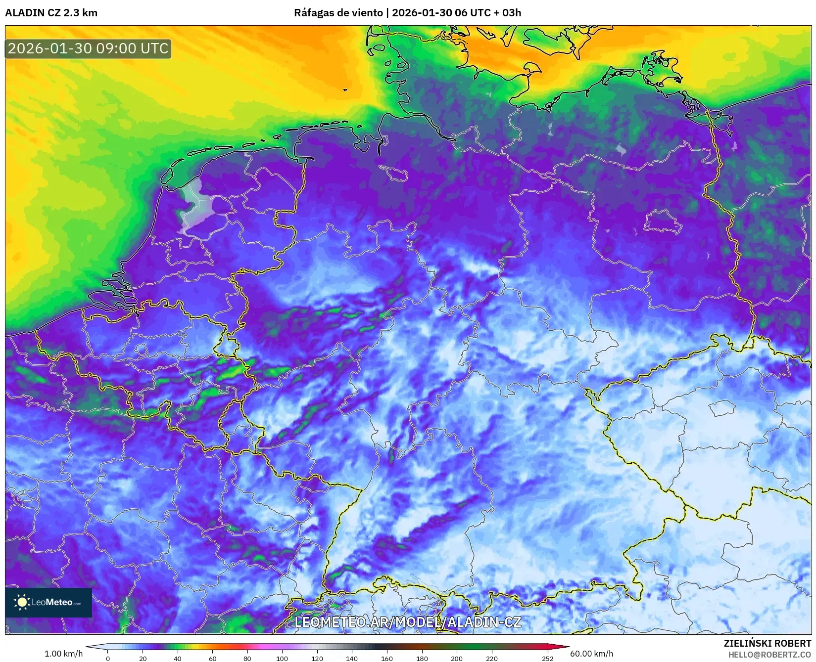 ALADIN CZ 2.3 km model - Alemania, Ráfagas de viento