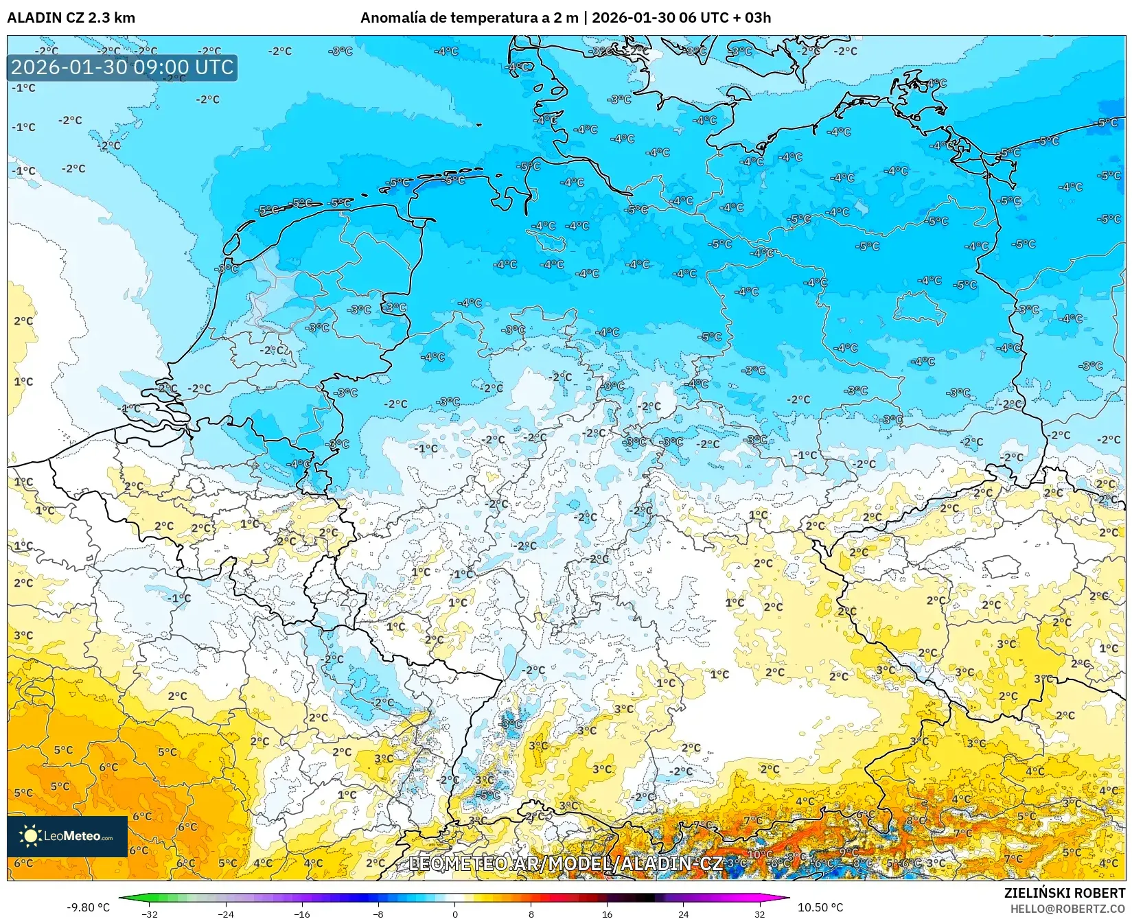 ALADIN CZ 2.3 km model - Alemania, Anomalía de temperatura a 2 m