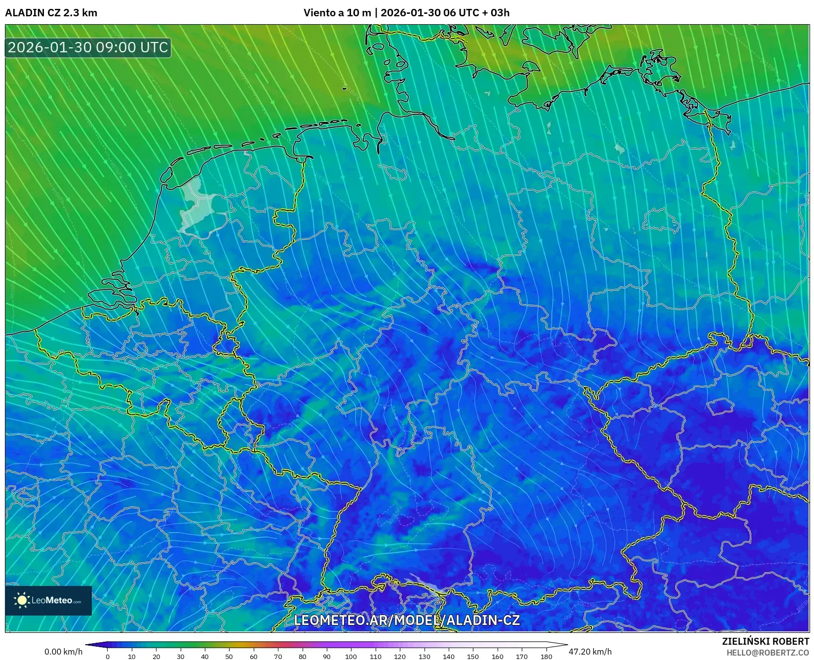 ALADIN CZ 2.3 km model - Alemania, Viento a 10 m