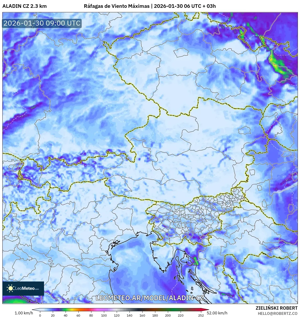 ALADIN CZ 2.3 km model - Austria, Ráfagas de Viento Máximas