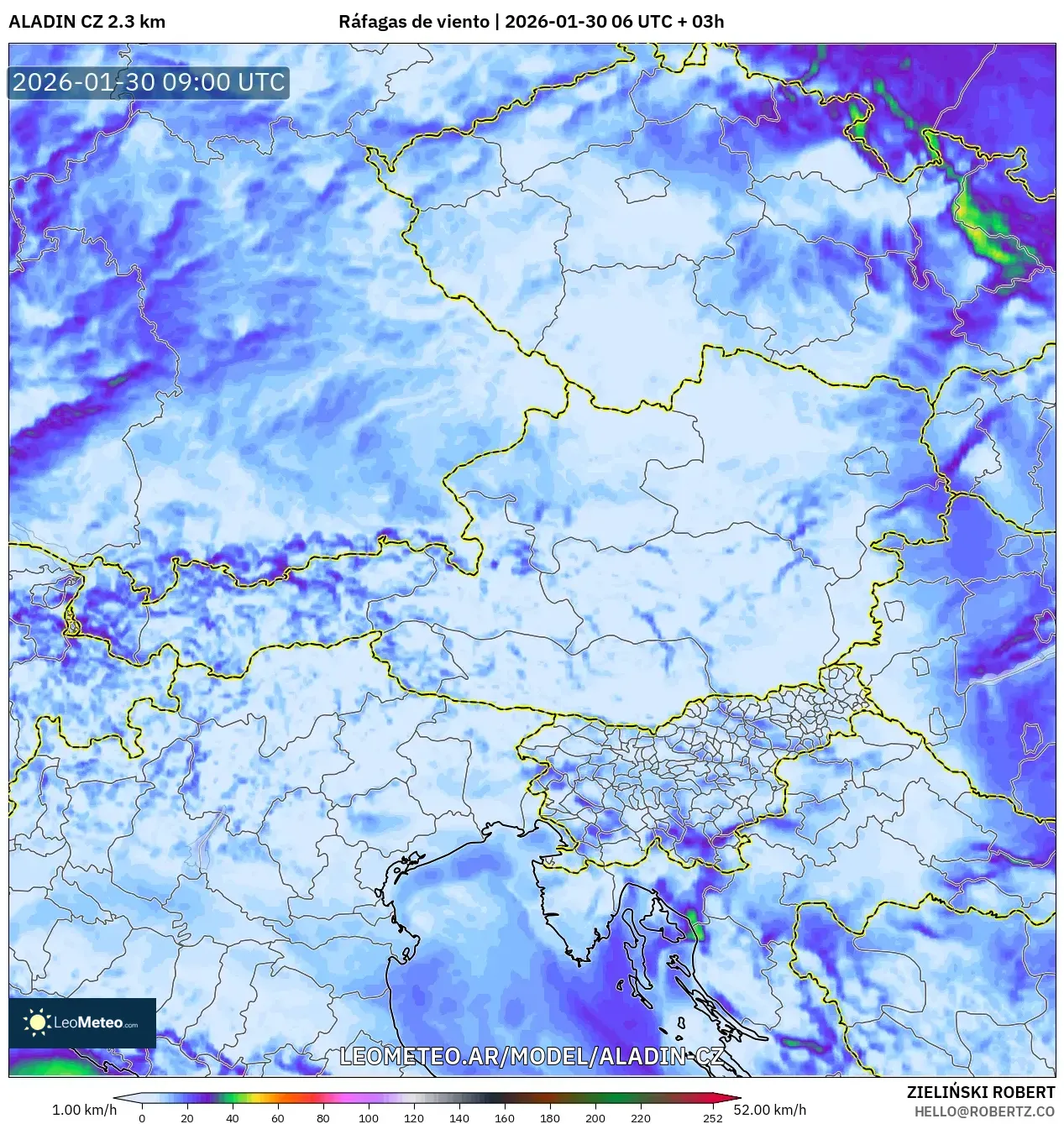 ALADIN CZ 2.3 km model - Austria, Ráfagas de viento