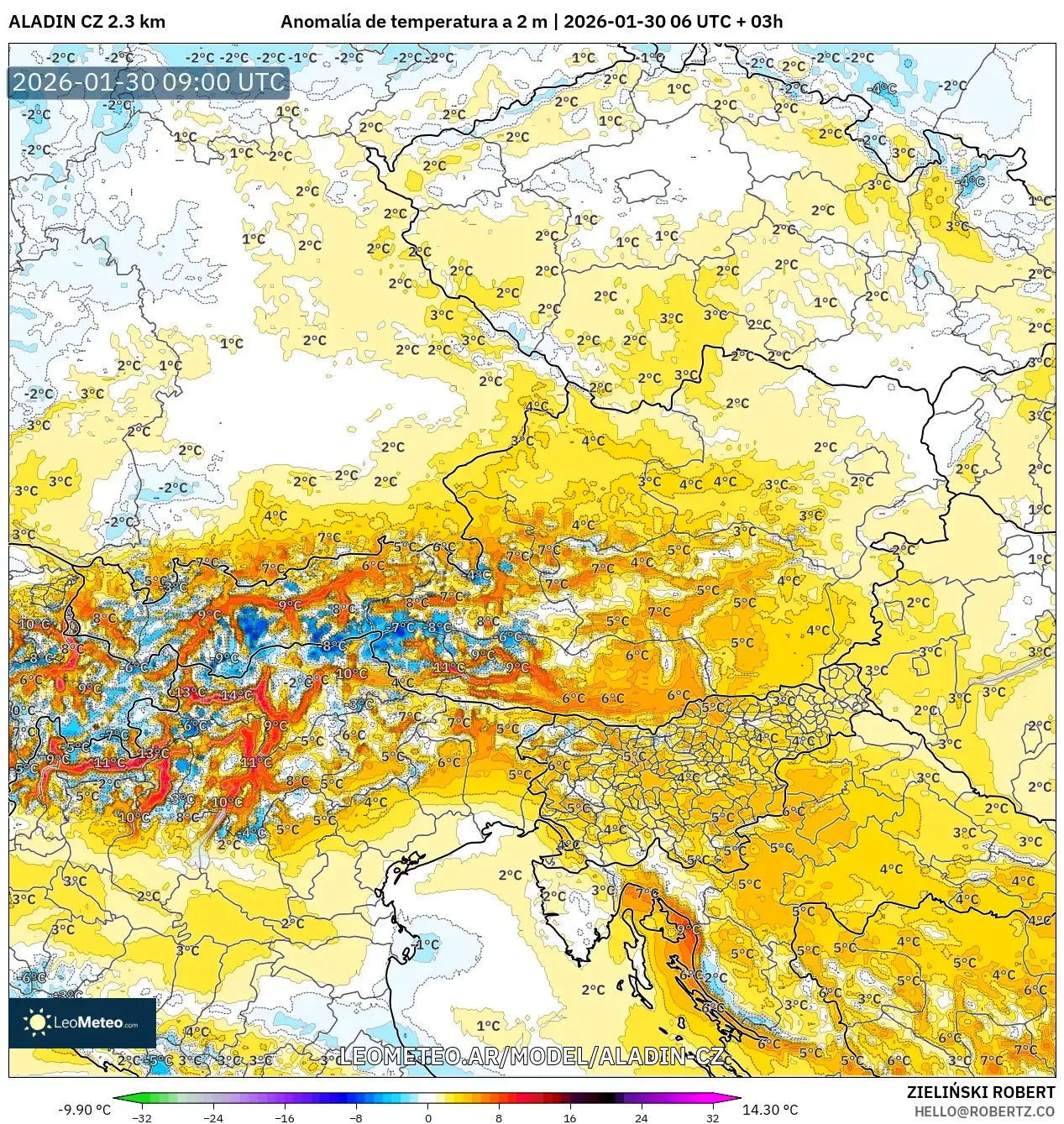 ALADIN CZ 2.3 km model - Austria, Anomalía de temperatura a 2 m