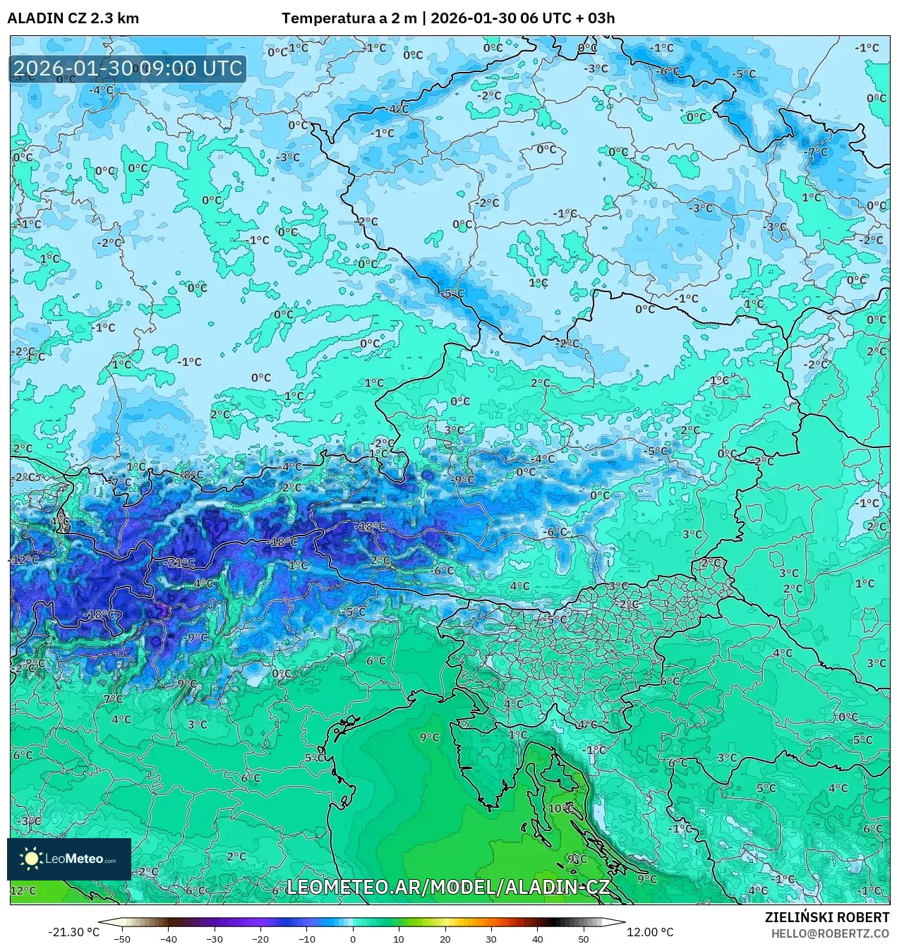 ALADIN CZ 2.3 km model - Austria, Temperatura a 2 m