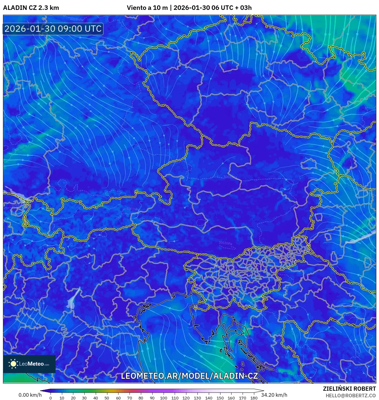 ALADIN CZ 2.3 km model - Austria, Viento a 10 m