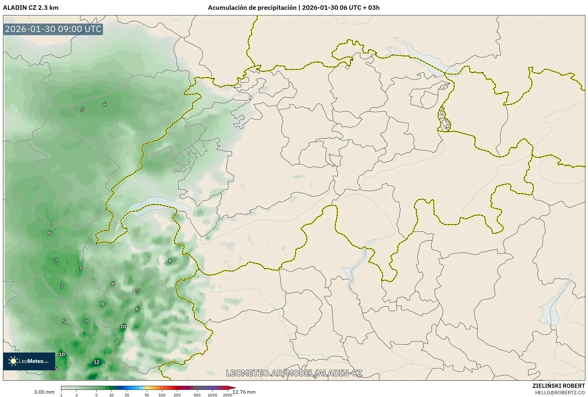 ALADIN CZ 2.3 km model - Suiza, Acumulación de precipitación