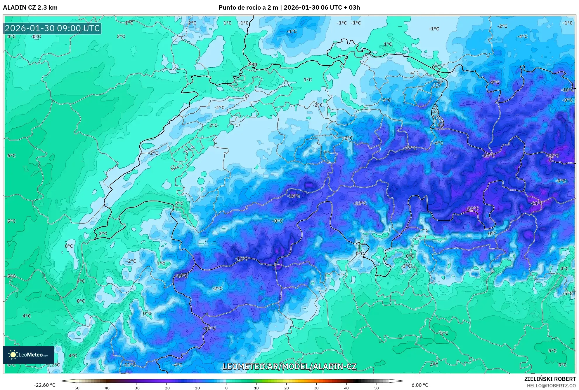 ALADIN CZ 2.3 km model - Suiza, Punto de rocío a 2 m