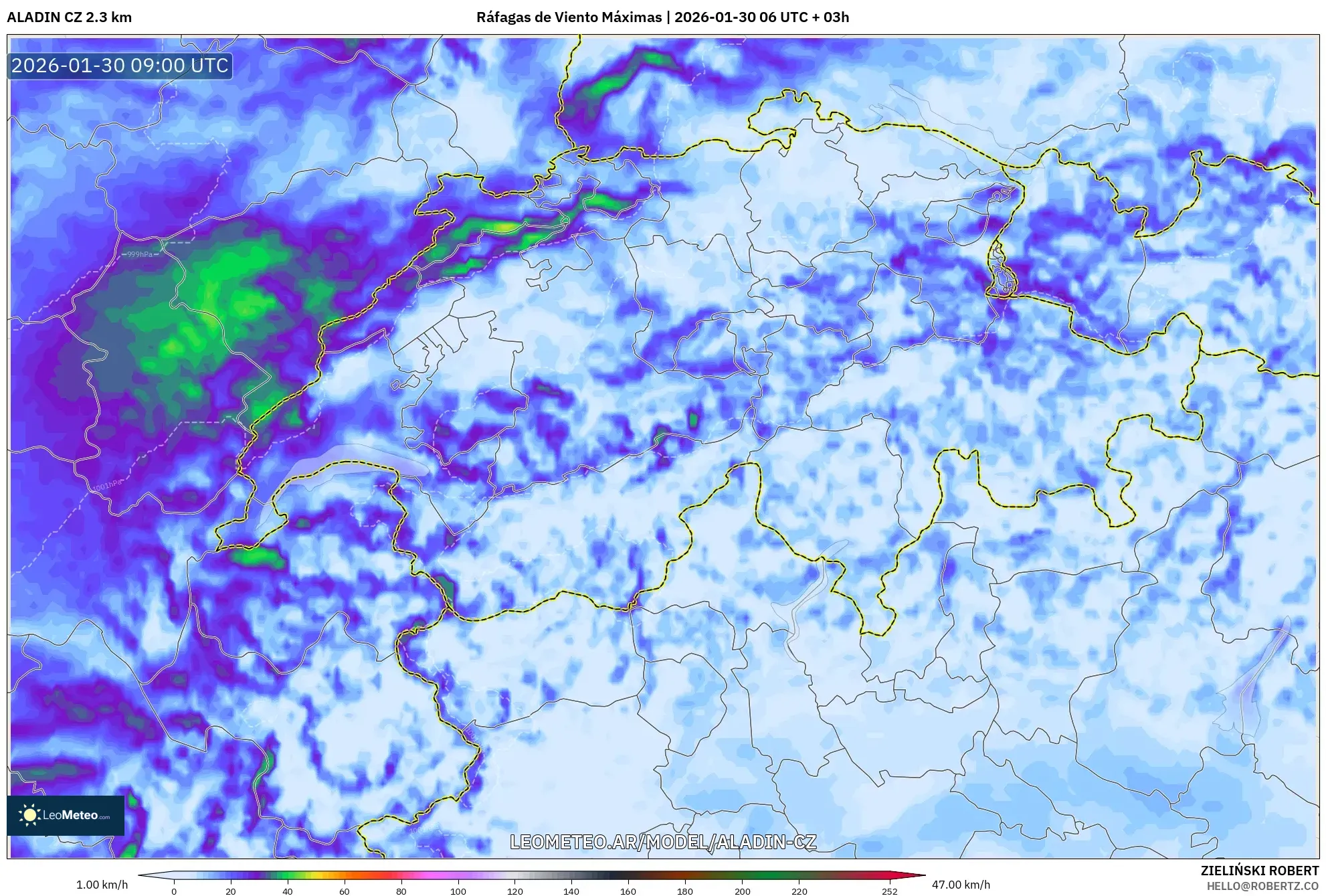 ALADIN CZ 2.3 km model - Suiza, Ráfagas de Viento Máximas