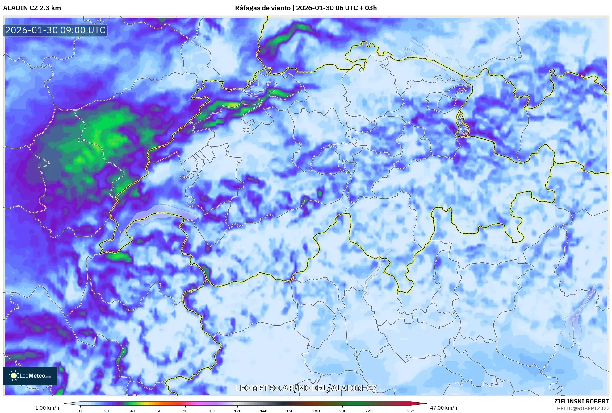 ALADIN CZ 2.3 km model - Suiza, Ráfagas de viento