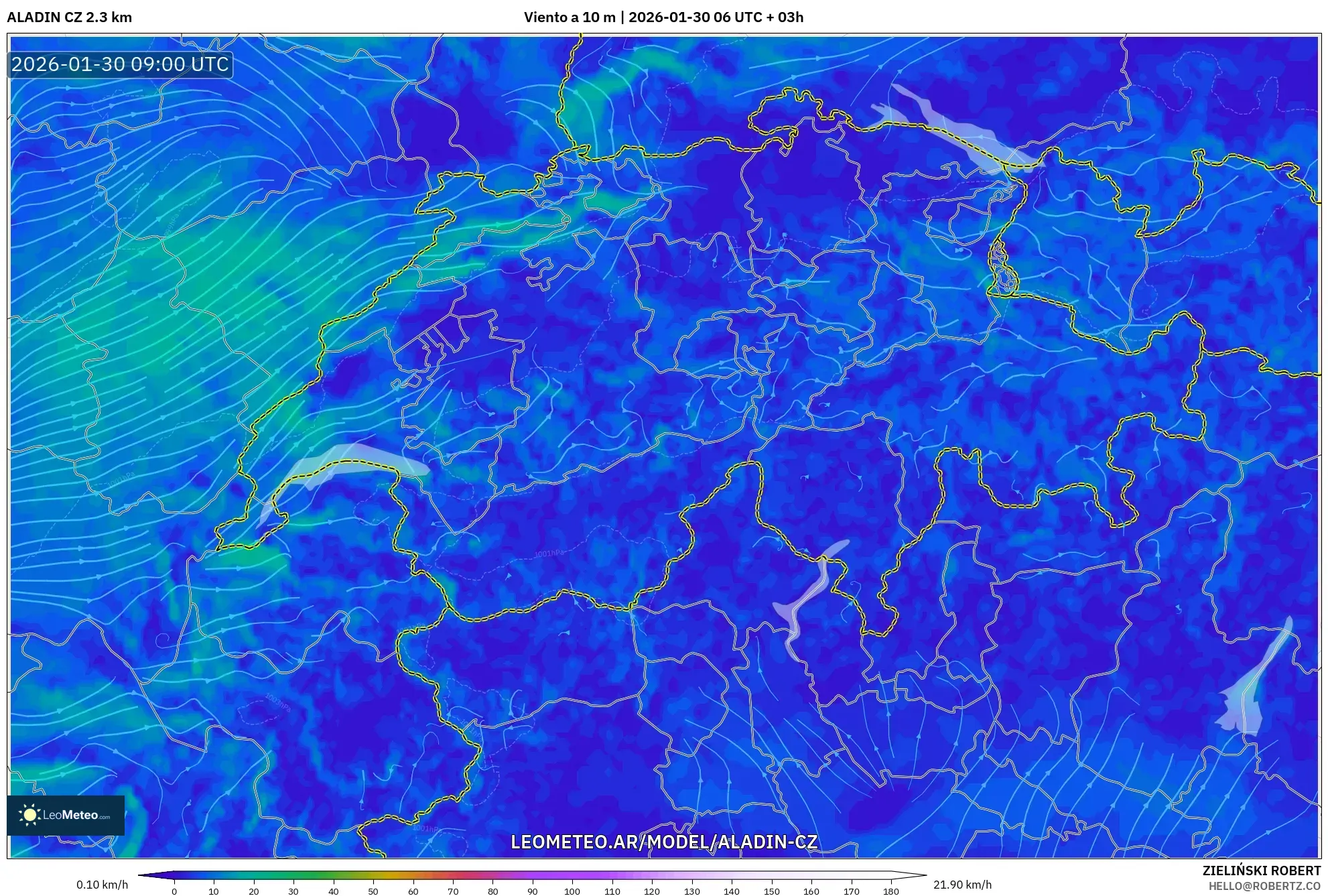 ALADIN CZ 2.3 km model - Suiza, Viento a 10 m