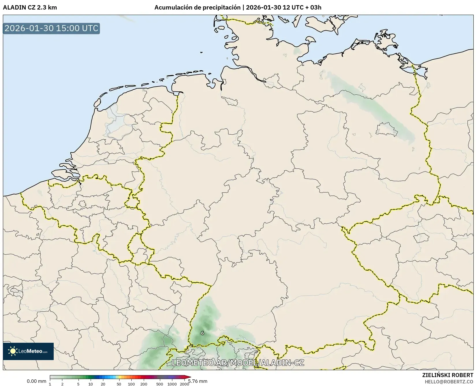 ALADIN CZ 2.3 km model - Alemania, Acumulación de precipitación