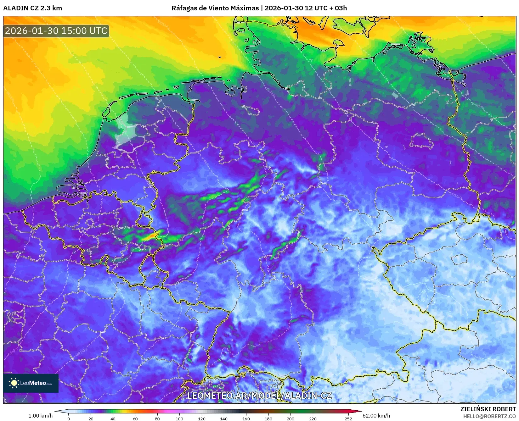 ALADIN CZ 2.3 km model - Alemania, Ráfagas de Viento Máximas