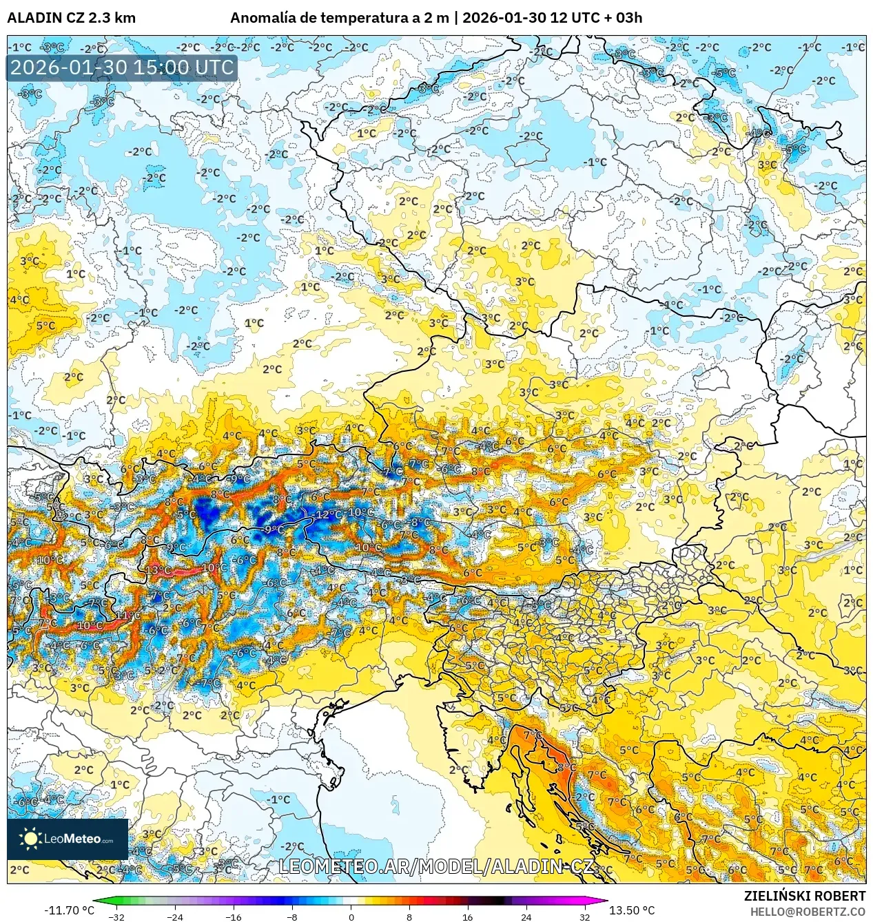 ALADIN CZ 2.3 km model - Austria, Anomalía de temperatura a 2 m