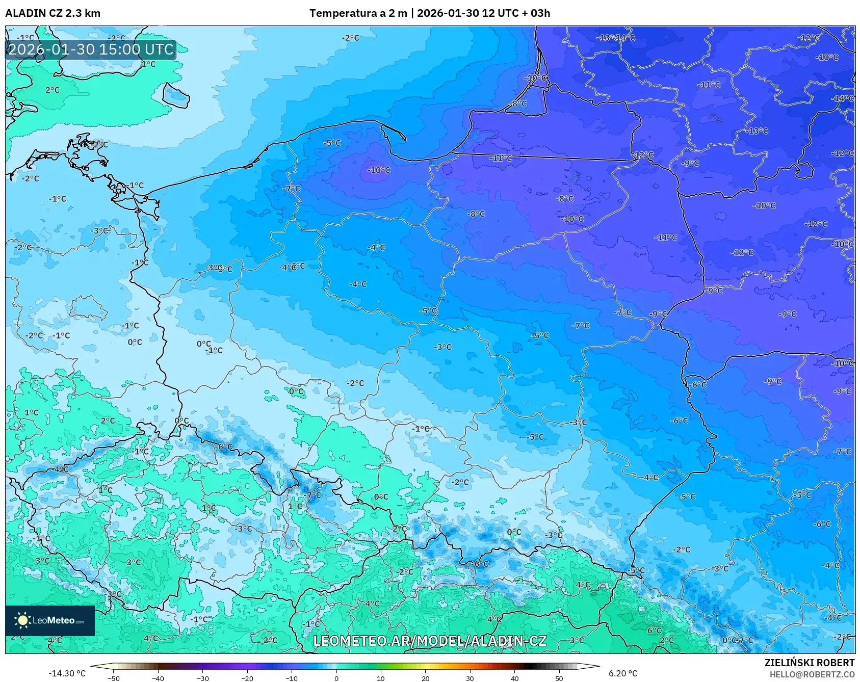 ALADIN CZ 2.3 km model - Polonia, Temperatura a 2 m