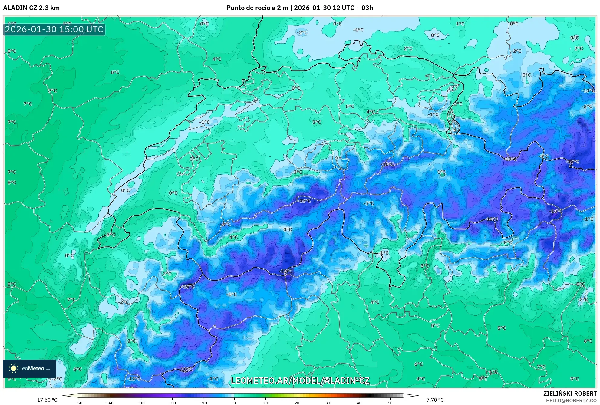 ALADIN CZ 2.3 km model - Suiza, Punto de rocío a 2 m