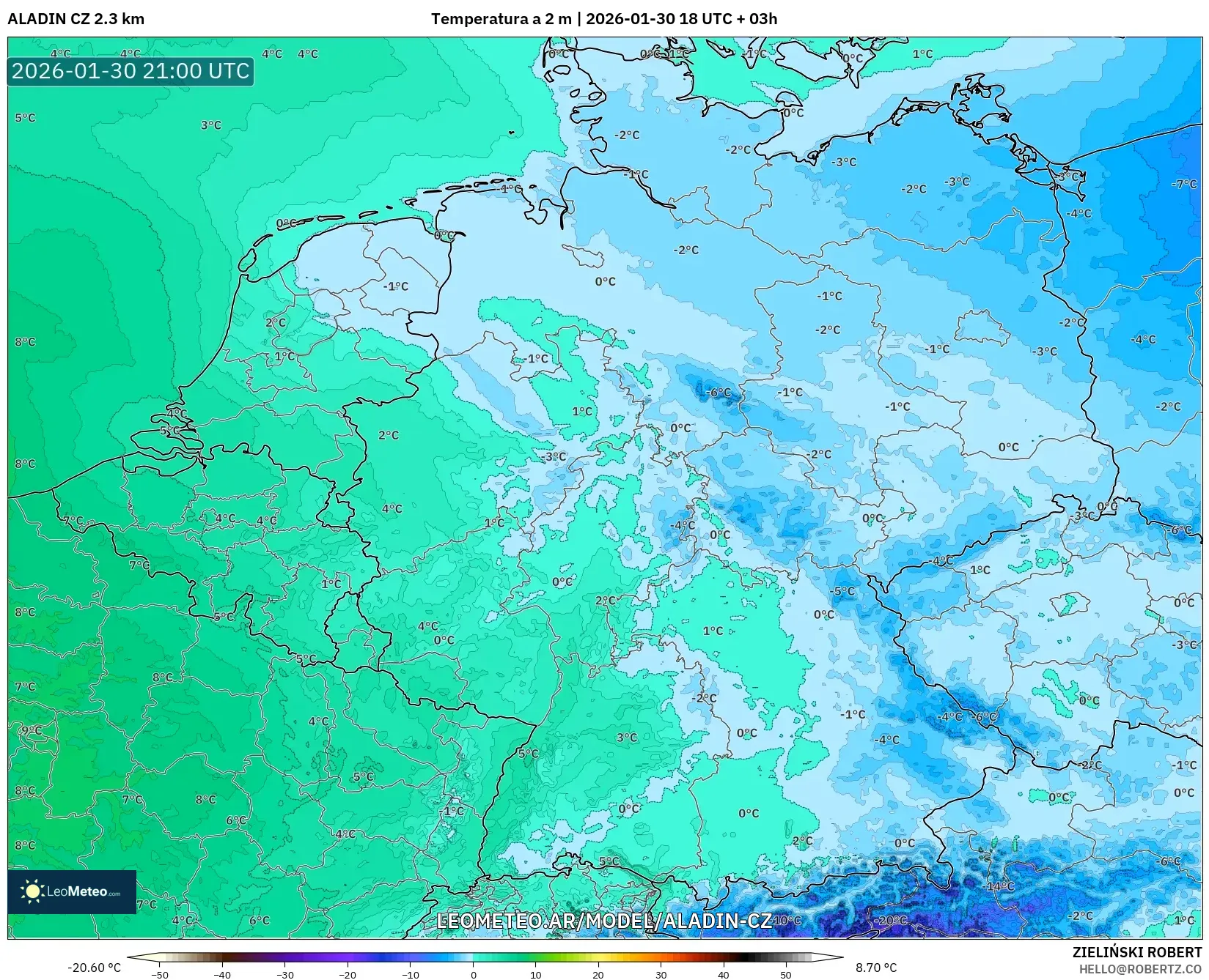 ALADIN CZ 2.3 km model - Alemania, Temperatura a 2 m