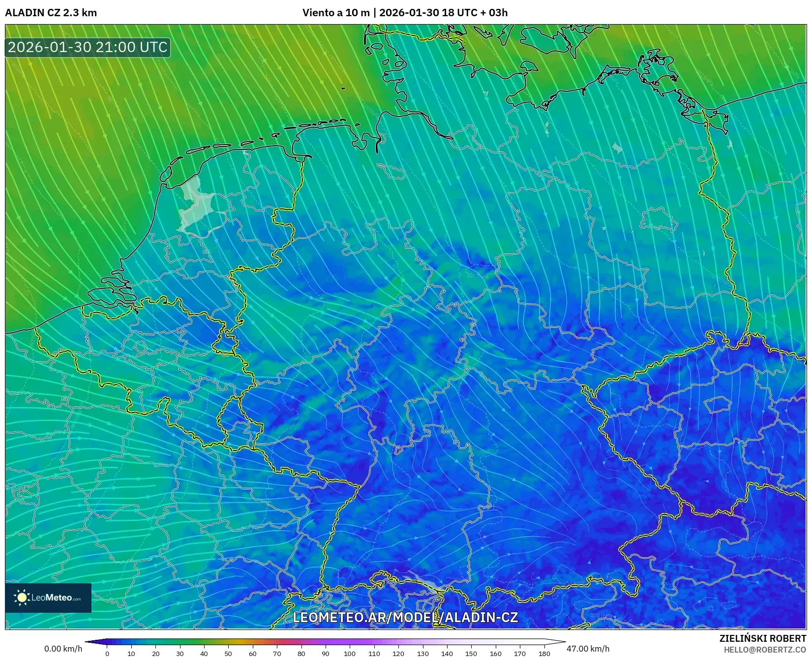 ALADIN CZ 2.3 km model - Alemania, Viento a 10 m