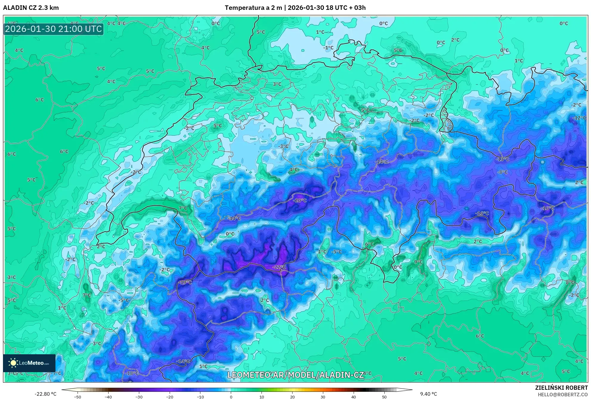 ALADIN CZ 2.3 km model - Suiza, Temperatura a 2 m