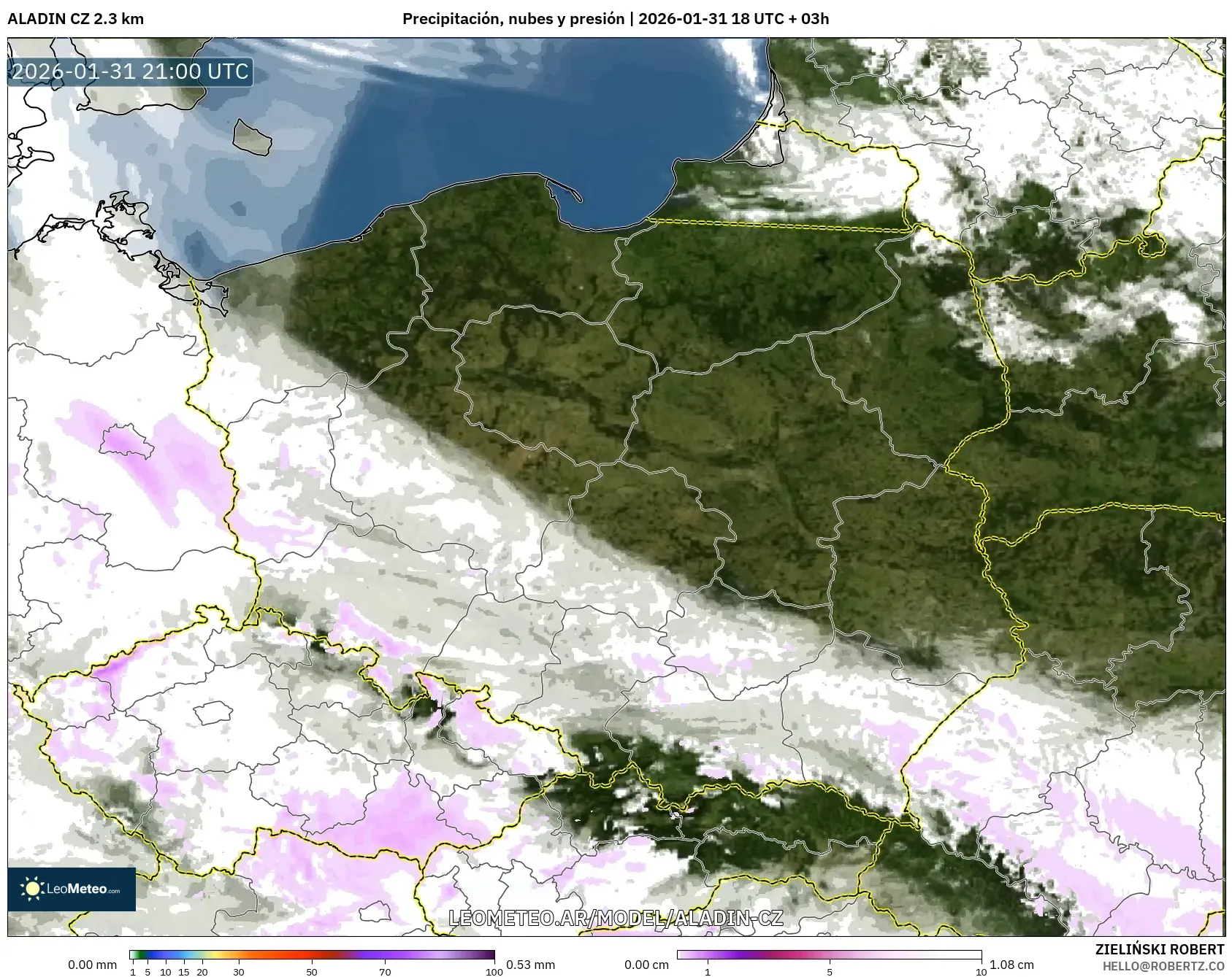 ALADIN CZ 2.3 km model - Polonia, Precipitación, nubes y presión