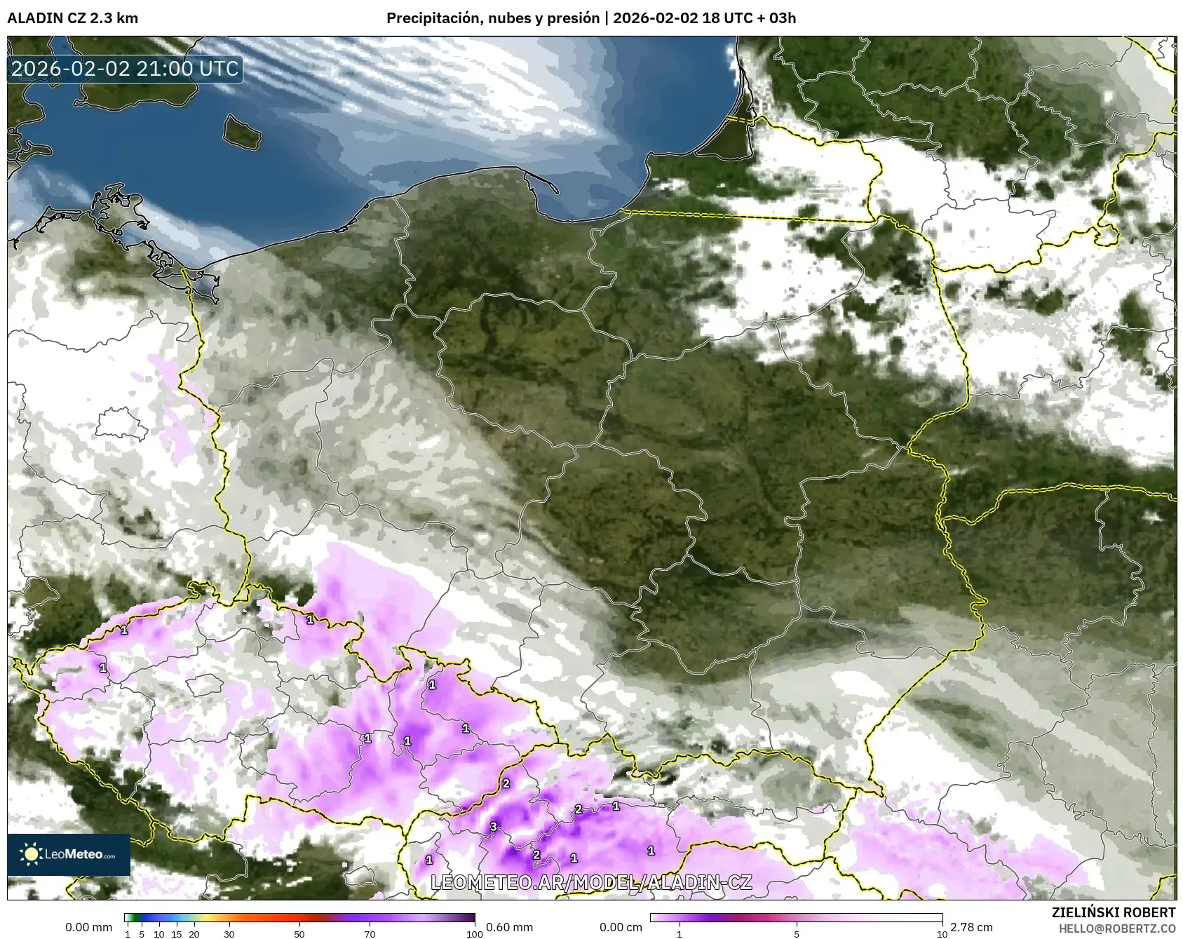 ALADIN CZ 2.3 km model - Polonia, Precipitación, nubes y presión