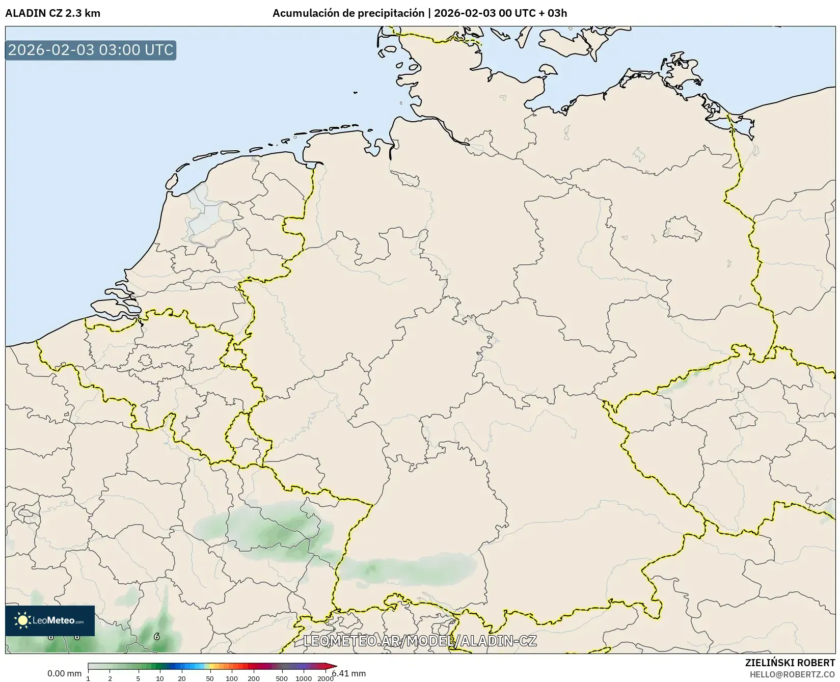 ALADIN CZ 2.3 km model - Alemania, Acumulación de precipitación