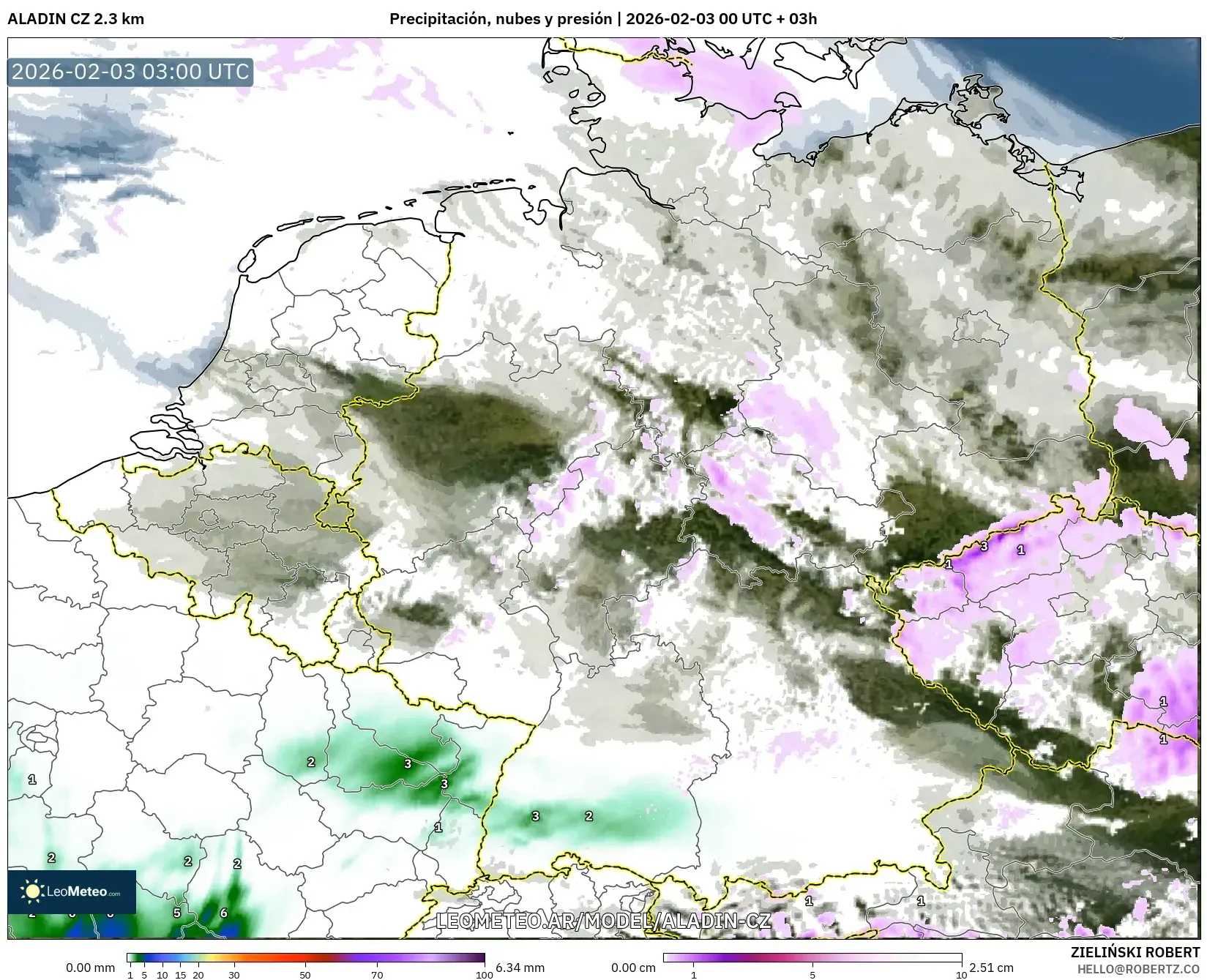 ALADIN CZ 2.3 km model - Alemania, Precipitación, nubes y presión