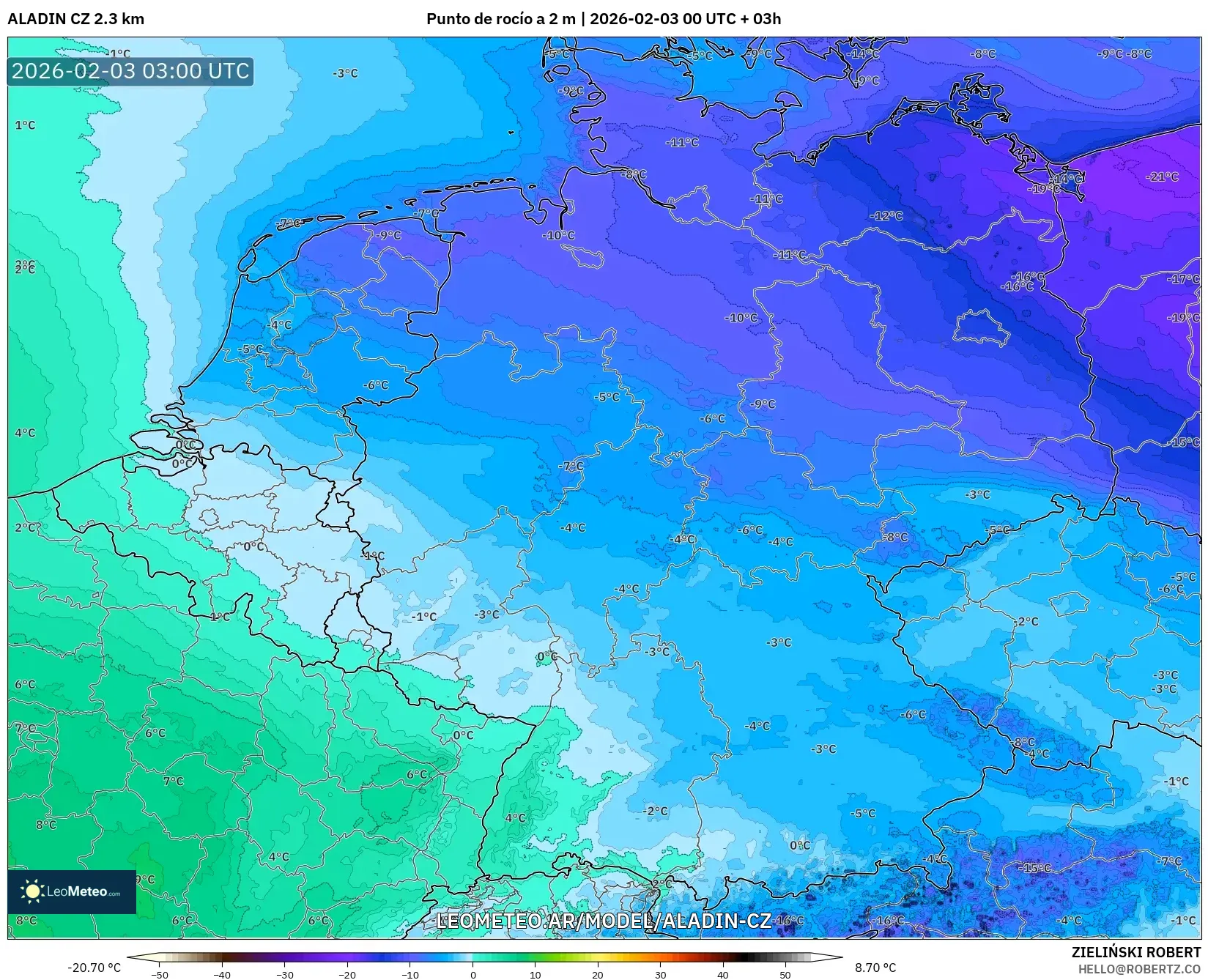 ALADIN CZ 2.3 km model - Alemania, Punto de rocío a 2 m