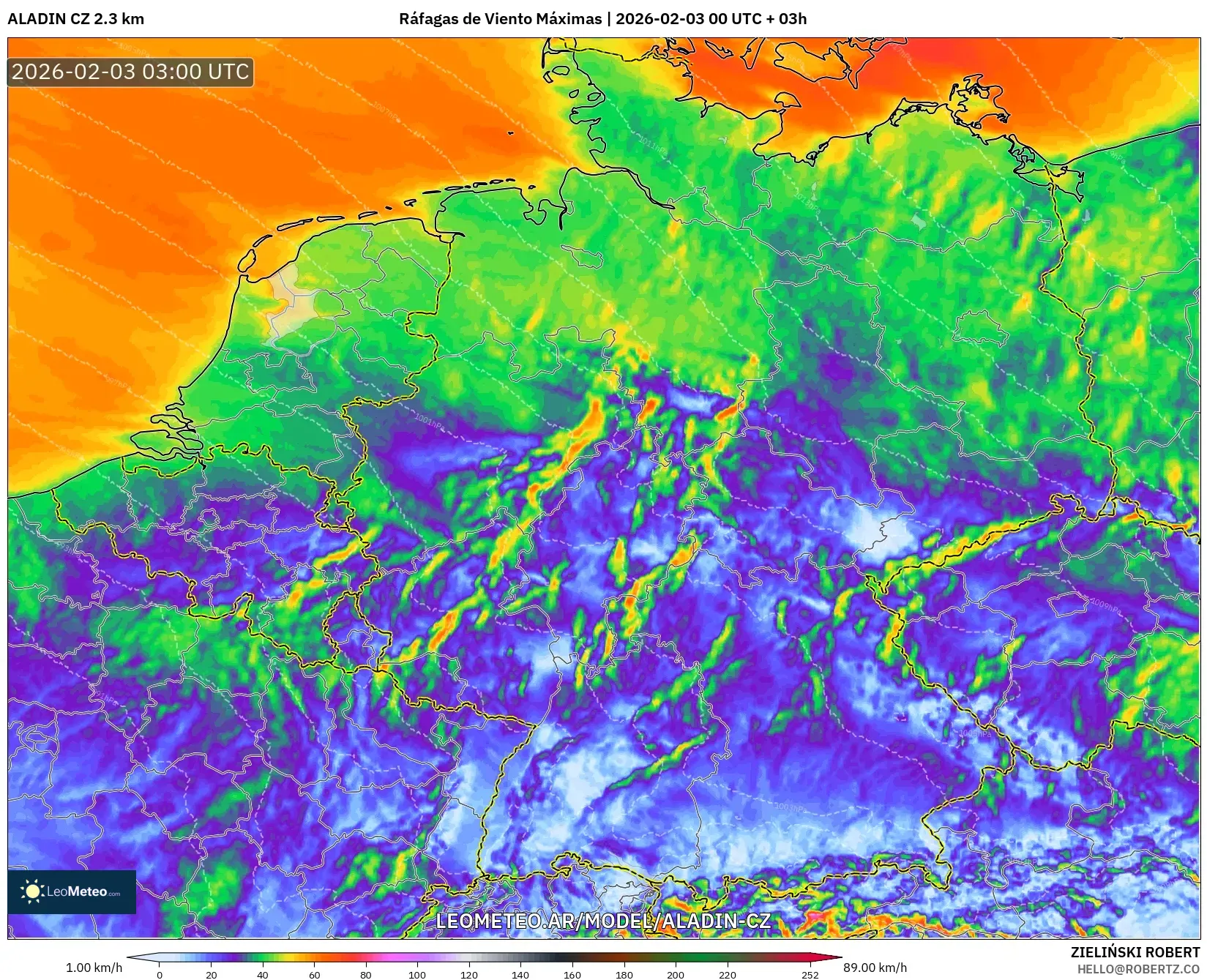 ALADIN CZ 2.3 km model - Alemania, Ráfagas de Viento Máximas