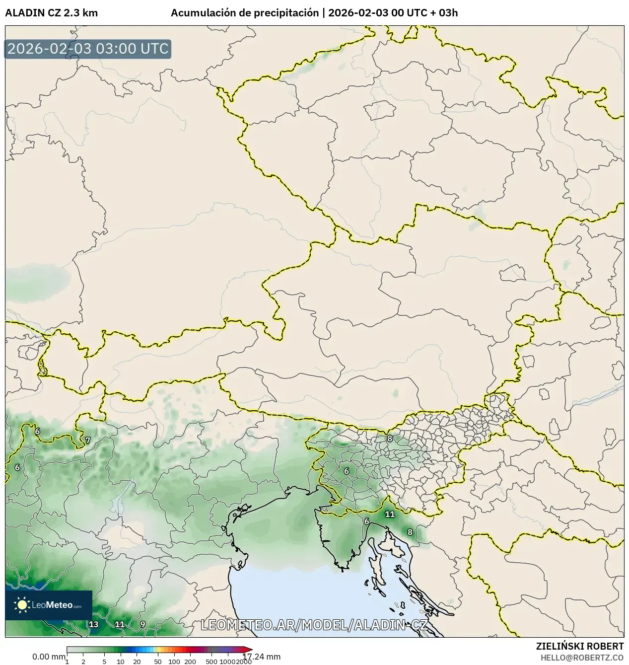 ALADIN CZ 2.3 km model - Austria, Acumulación de precipitación