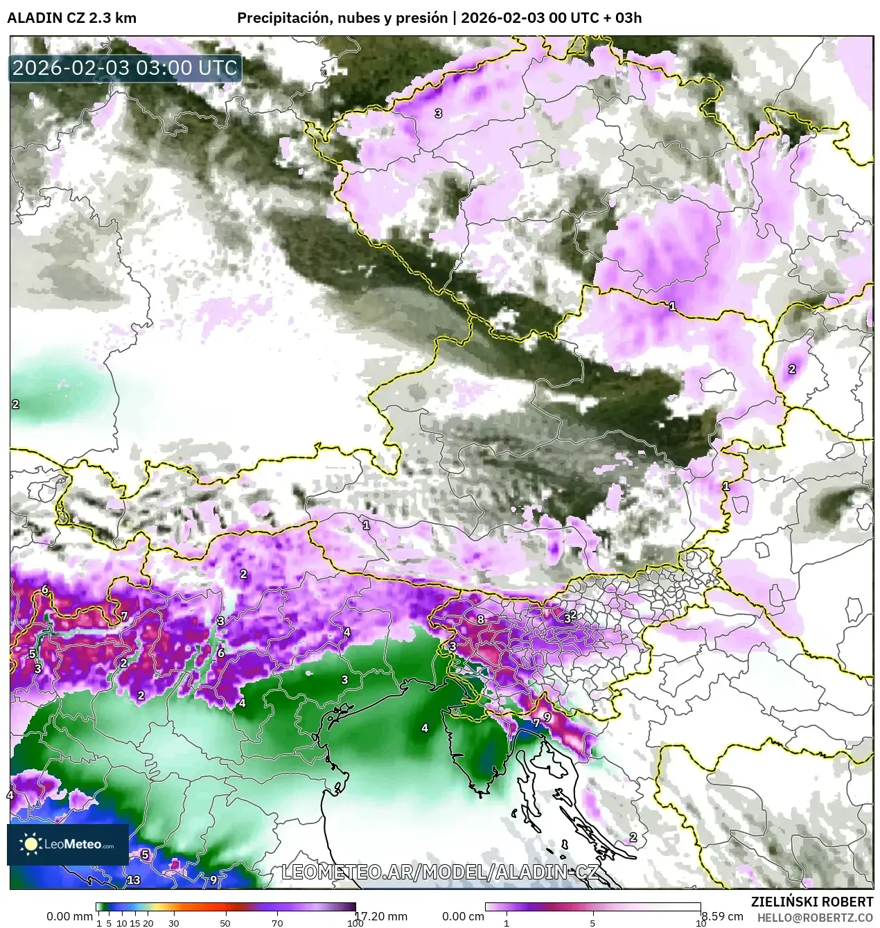 ALADIN CZ 2.3 km model - Austria, Precipitación, nubes y presión