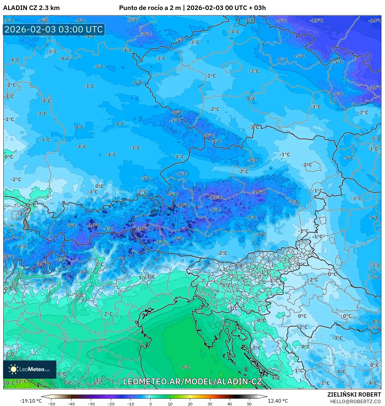ALADIN CZ 2.3 km model - Austria, Punto de rocío a 2 m