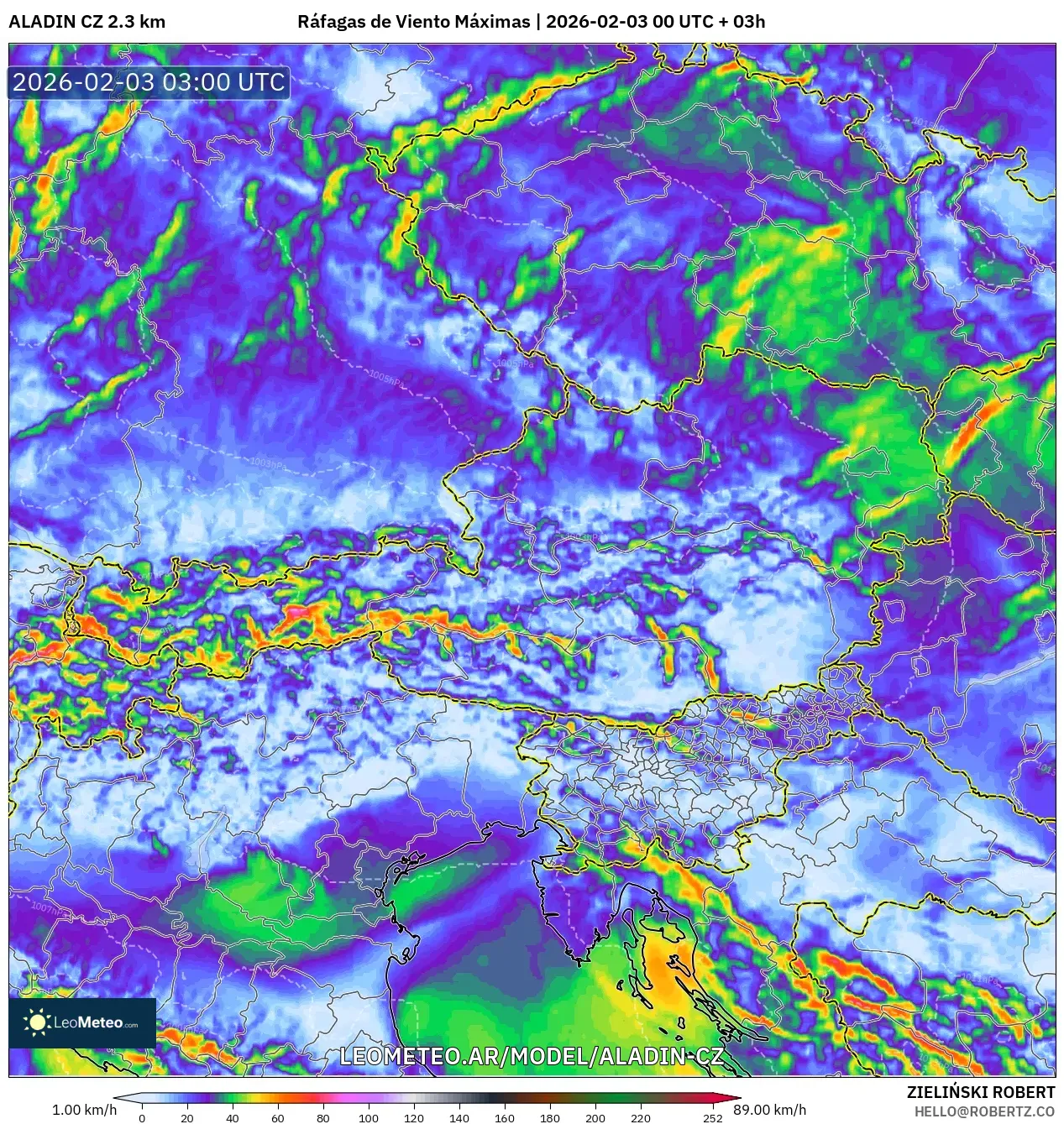 ALADIN CZ 2.3 km model - Austria, Ráfagas de Viento Máximas