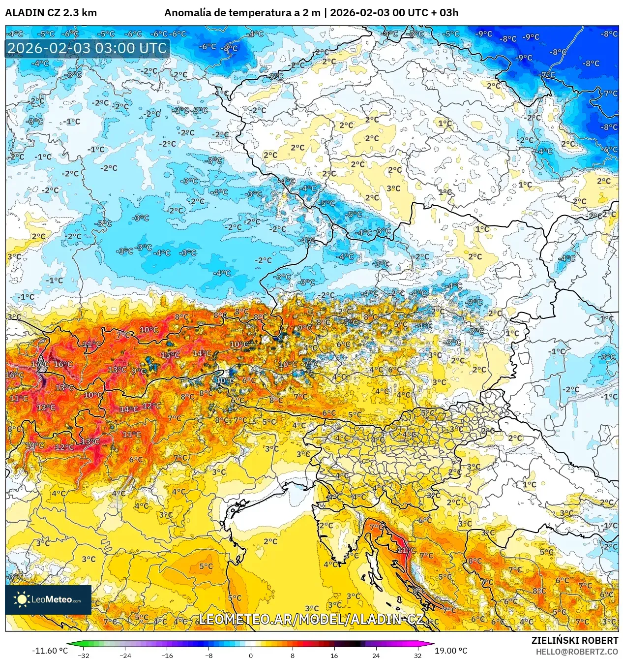 ALADIN CZ 2.3 km model - Austria, Anomalía de temperatura a 2 m