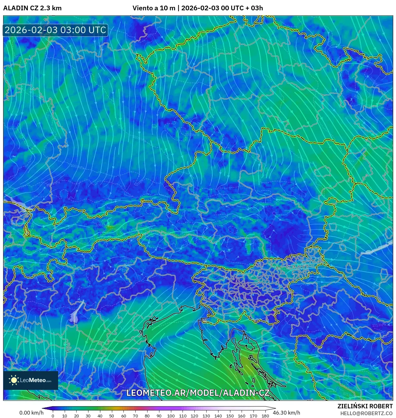 ALADIN CZ 2.3 km model - Austria, Viento a 10 m