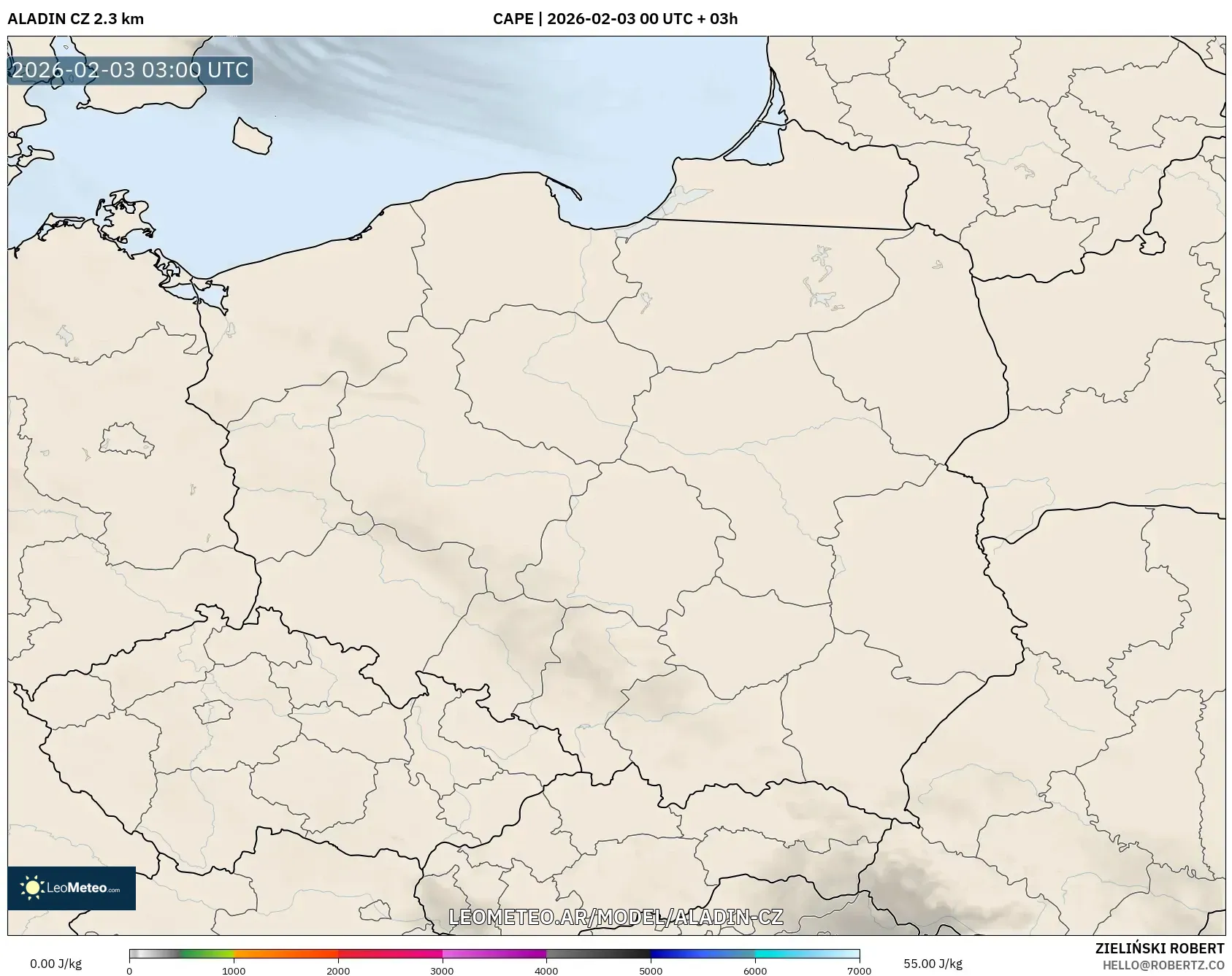 ALADIN CZ 2.3 km model - Polonia, CAPE