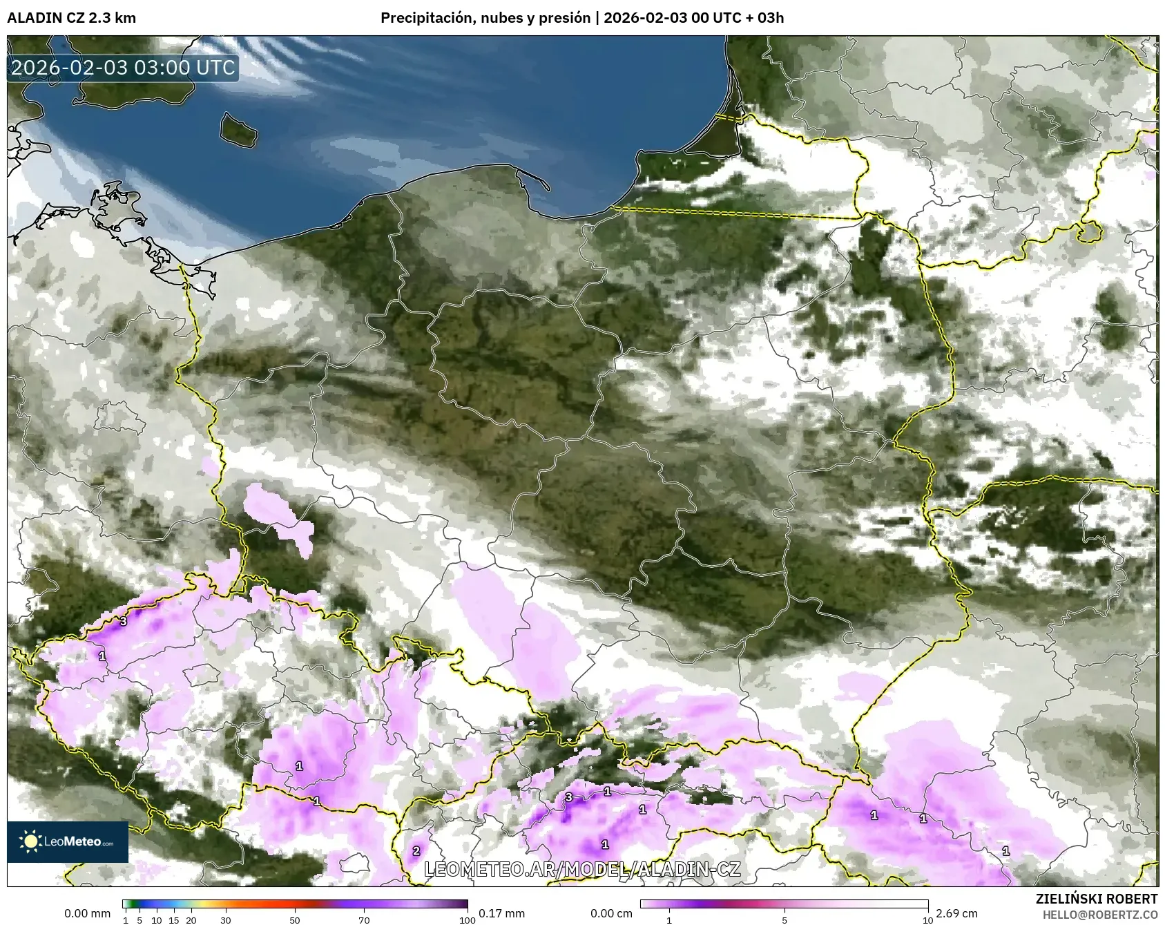 ALADIN CZ 2.3 km model - Polonia, Precipitación, nubes y presión