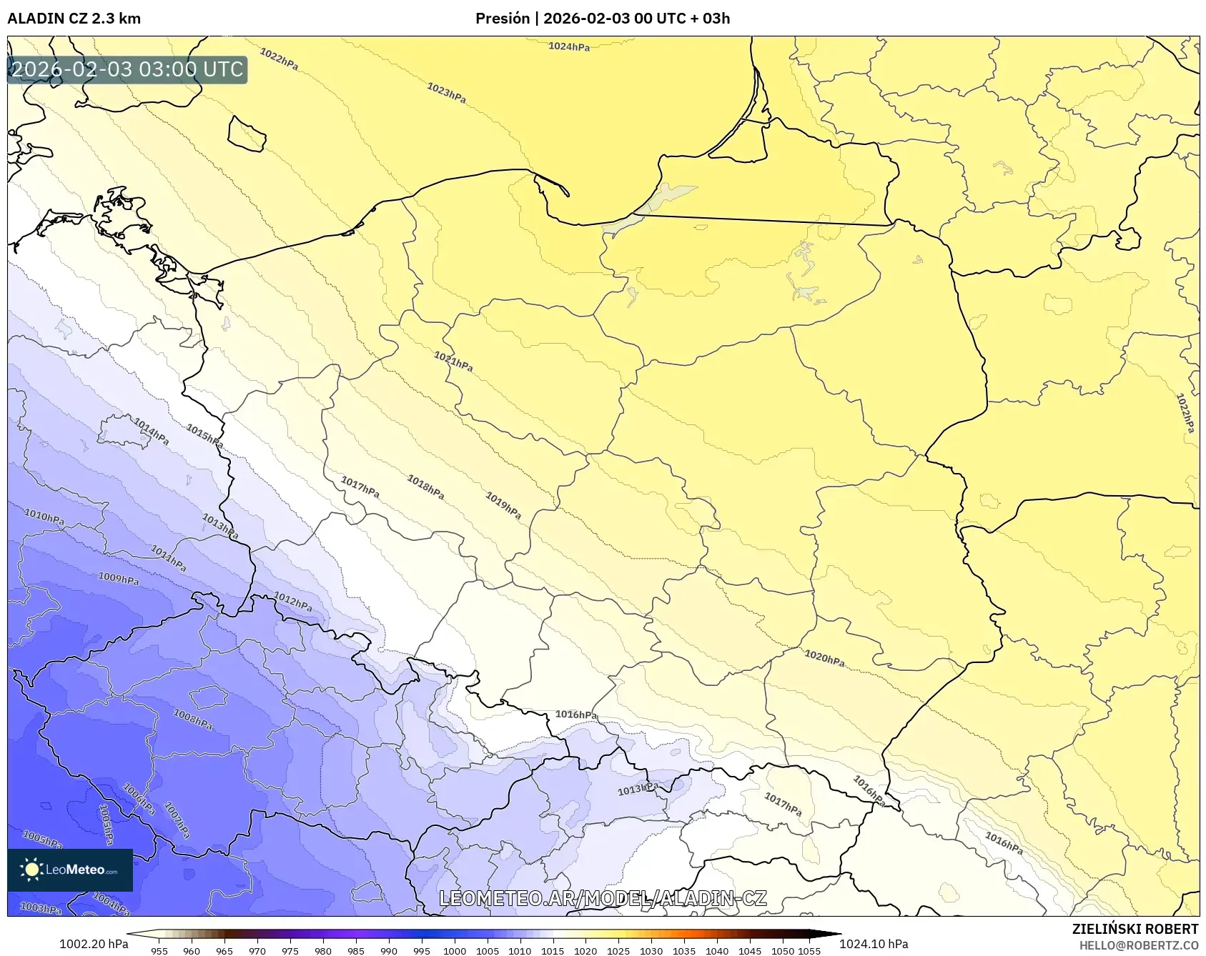 ALADIN CZ 2.3 km model - Polonia, Presión