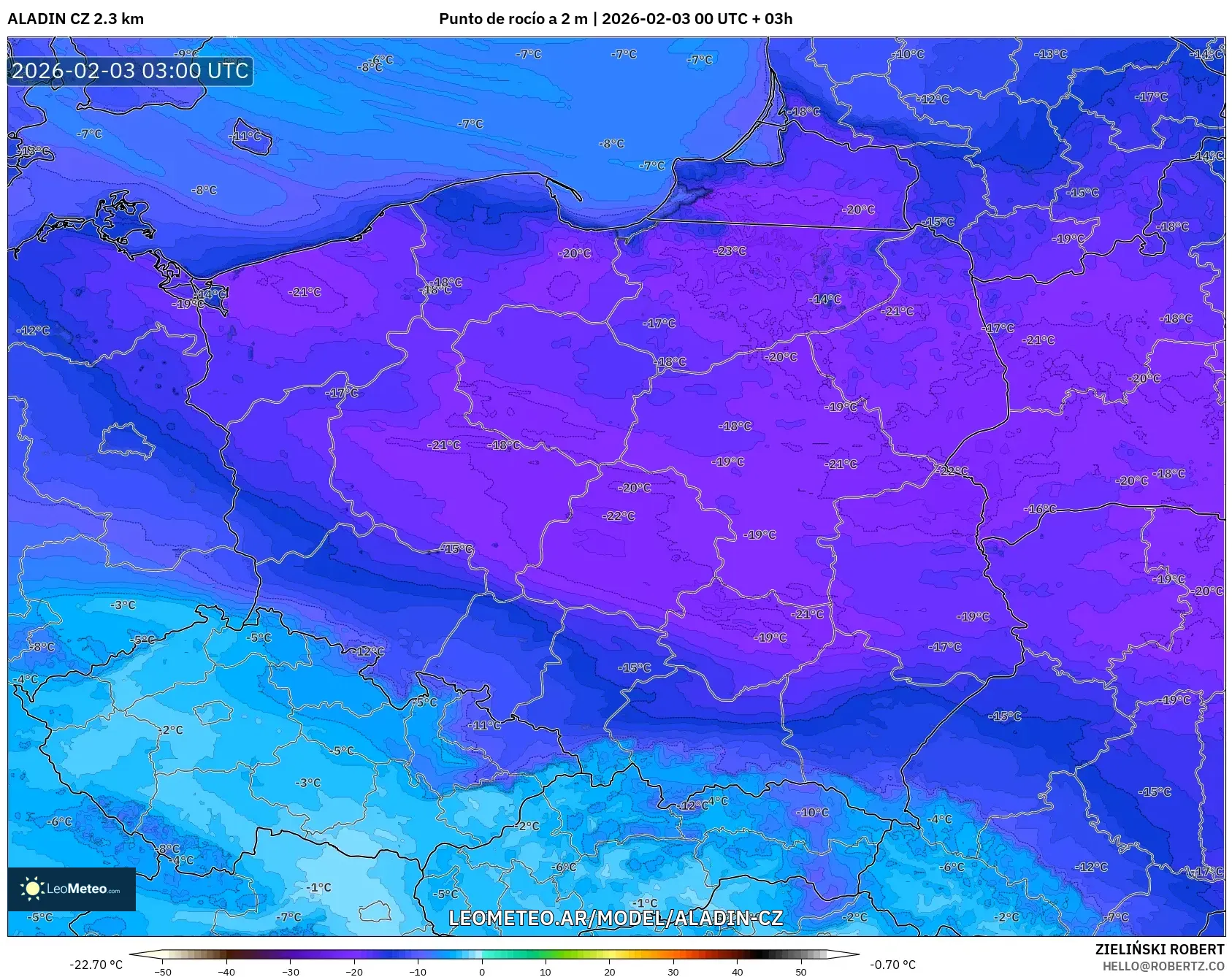 ALADIN CZ 2.3 km model - Polonia, Punto de rocío a 2 m